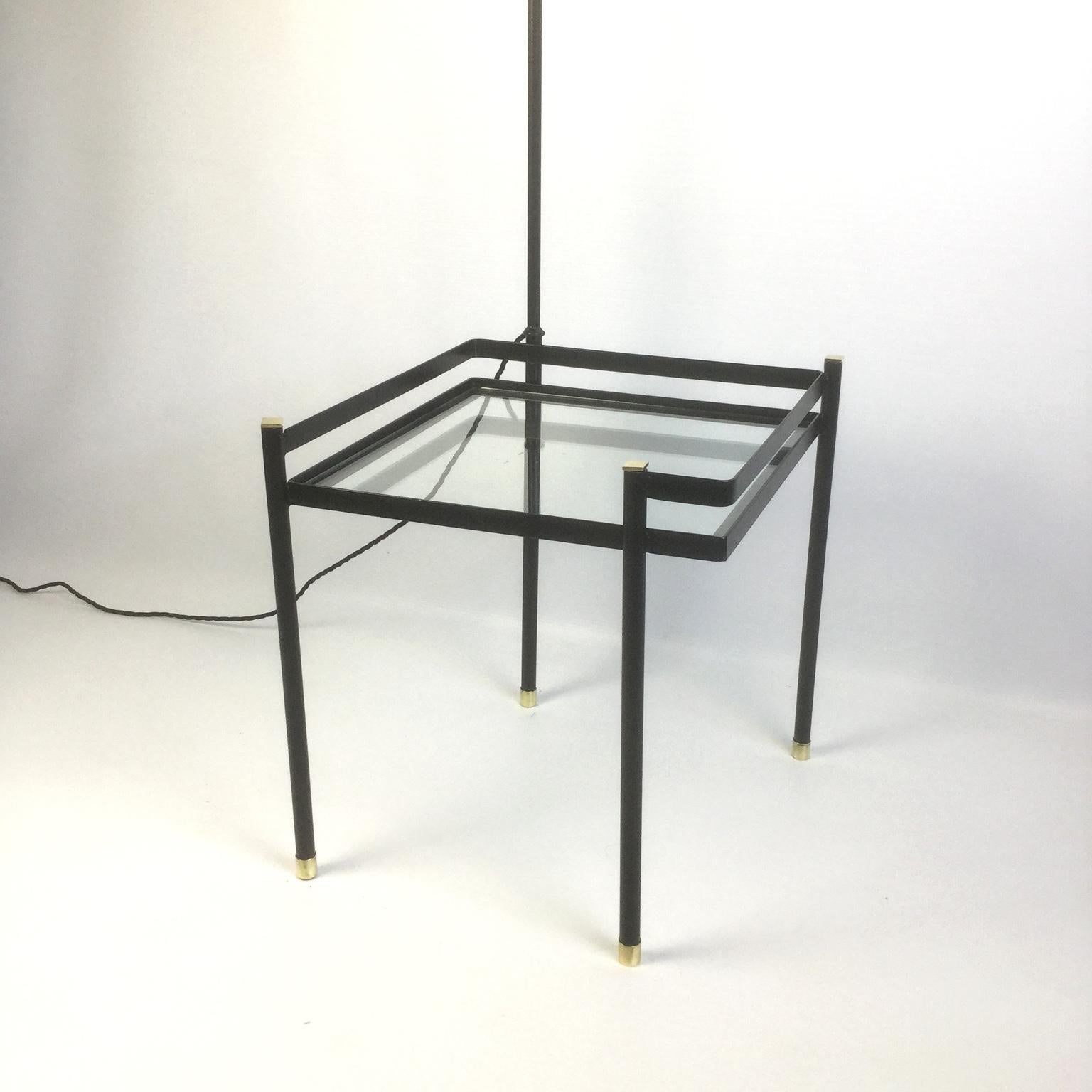 French Black Enamel Floor Lamp with Side Table and Brass Finish, 1950s 1