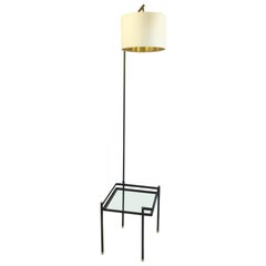 French Black Enamel Floor Lamp with Side Table and Brass Finish, 1950s