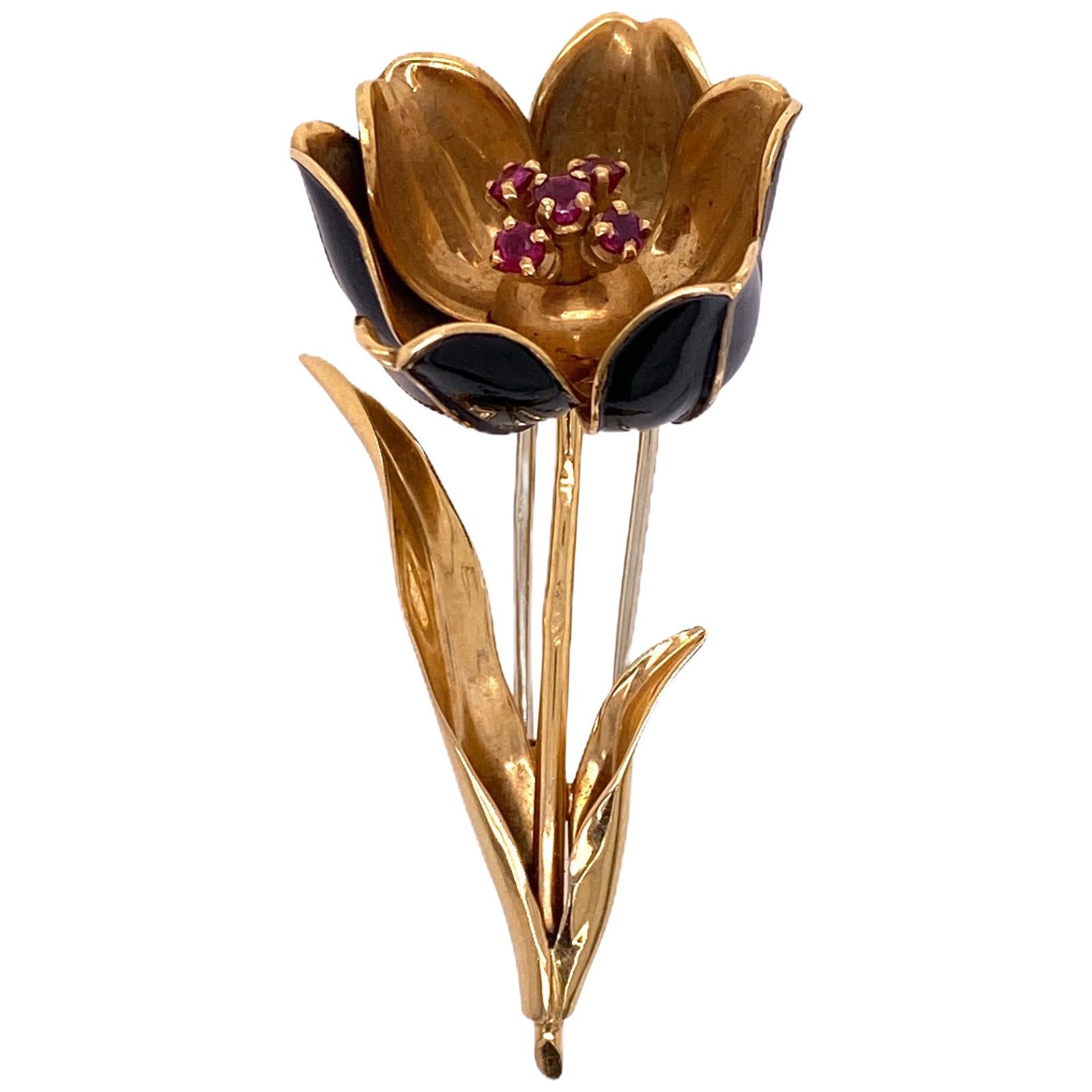 French Black Enamel Ruby 18 Karat Yellow Gold Tulip Pin Brooch Petals Open