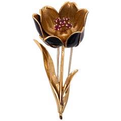 Vintage French Black Enamel Ruby 18 Karat Yellow Gold Tulip Pin Brooch Petals Open