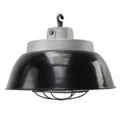 French Black Enamel Vintage Industrial Cast Iron Clear Glass Pendant Lights