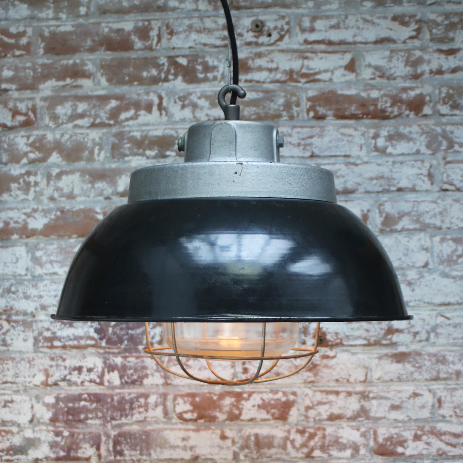 20th Century French Black Enamel Vintage Industrial Cast Iron Clear Glass Pendant Lights For Sale