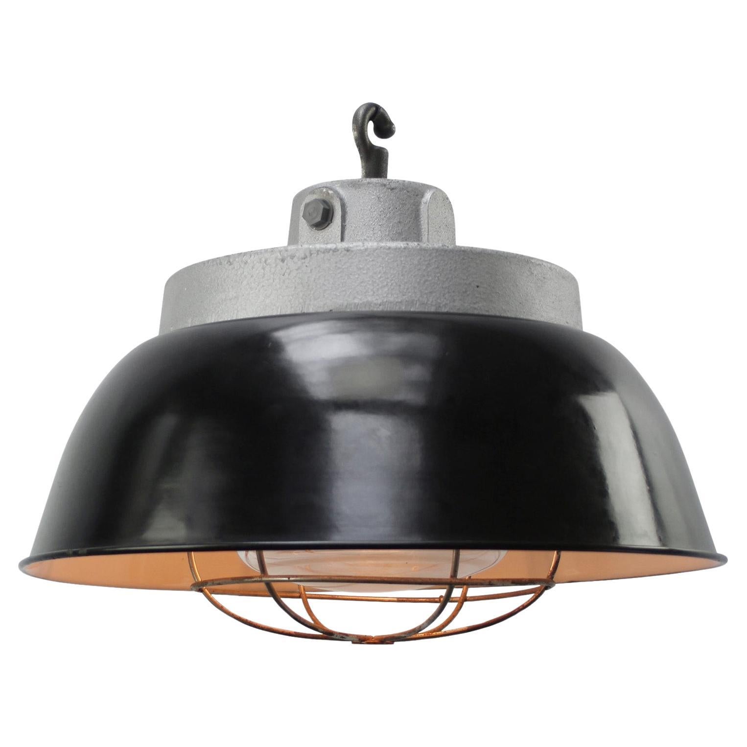 French Black Enamel Vintage Industrial Cast Iron Clear Glass Pendant Lights
