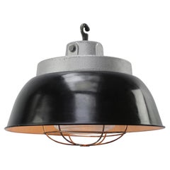 French Black Enamel Vintage Industrial Cast Iron Clear Glass Pendant Lights