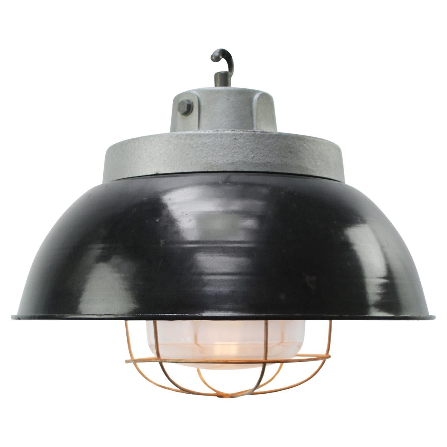French Black Enamel Vintage Industrial Cast Iron Clear Glass Pendant Lights For Sale