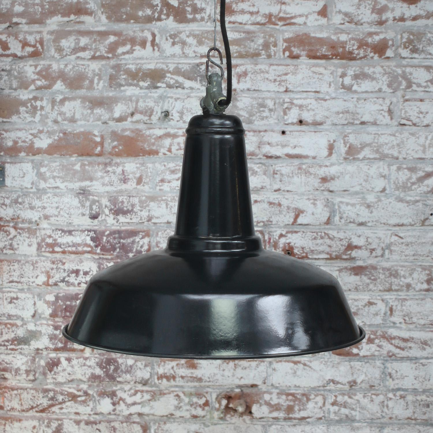 20th Century French Black Enamel Vintage Industrial Factory Pendant Lights For Sale