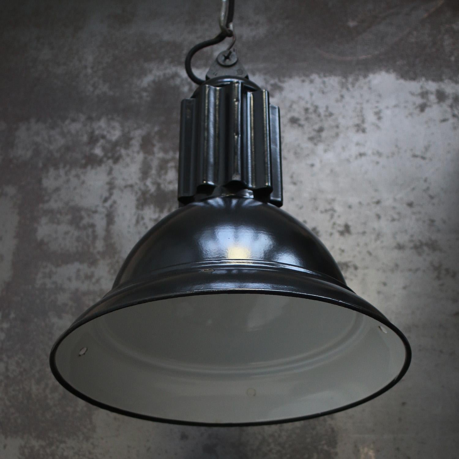 20th Century French Black Enamel Vintage Industrial Factory Pendant Lights For Sale