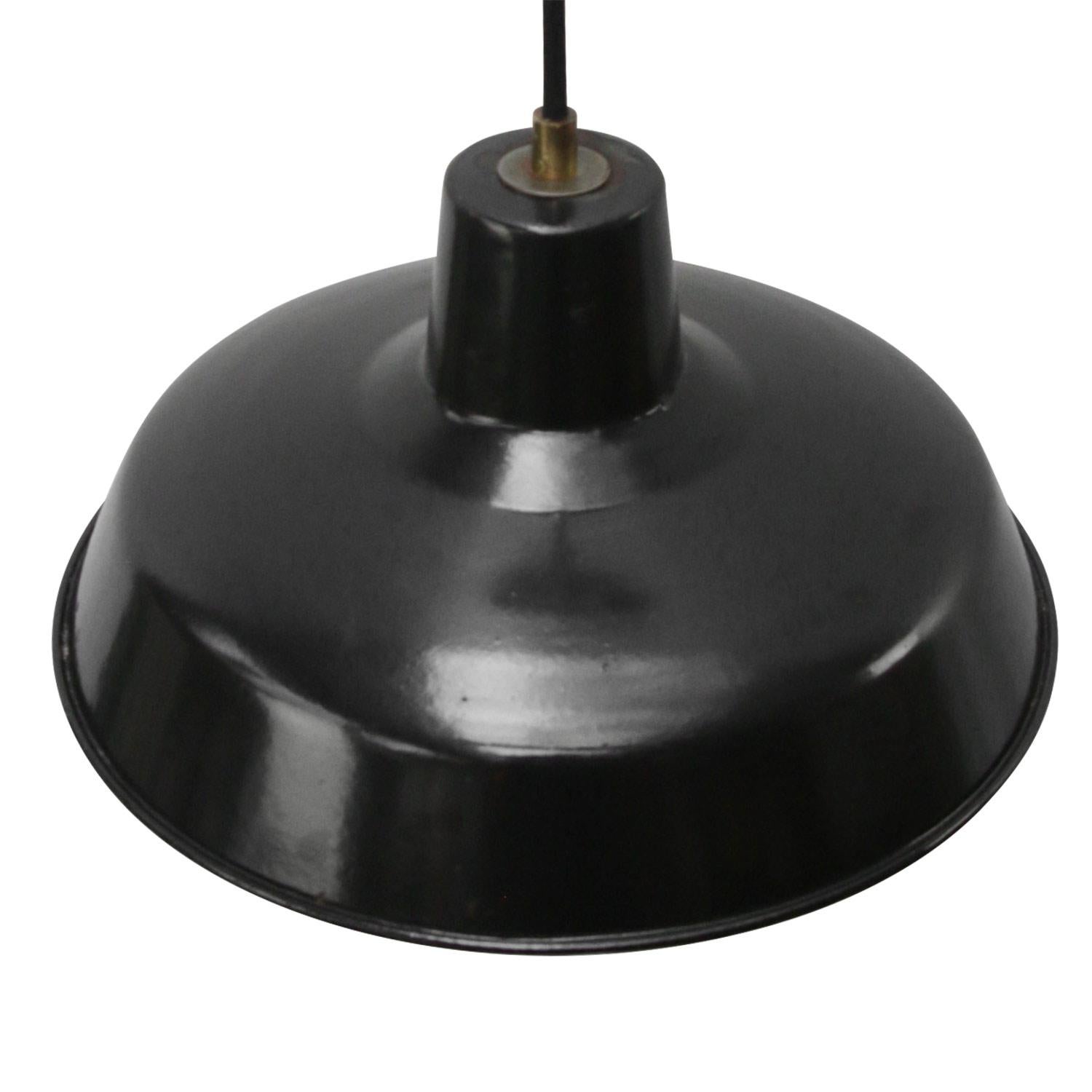 Black industrial pendant. 
Black enamel with white type, white interior

Weight: 0.70 kg / 1.5 lb

Priced per individual item. All lamps have been made suitable by international standards for incandescent light bulbs, energy-efficient and LED