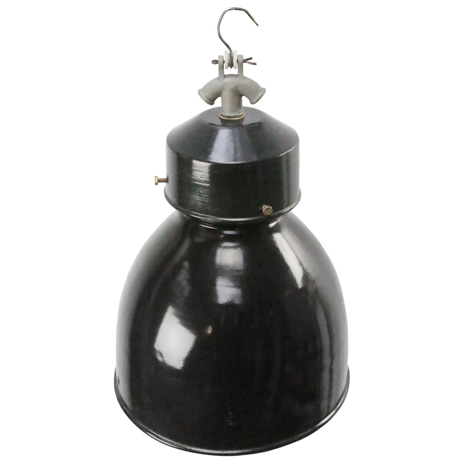 French black Industrial pendant lamp by GAL, France
Used in warehouses and factories in France and Belgium. 

Weight: 2.00 kg / 4.4 lb

Priced per individual item. All lamps have been made suitable by international standards for incandescent