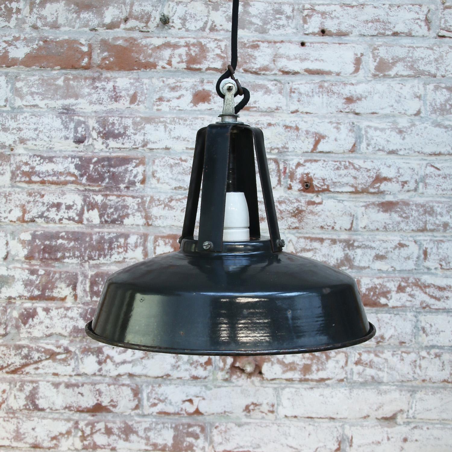 20th Century French Black Enamel Vintage Industrial Pendant Lights For Sale