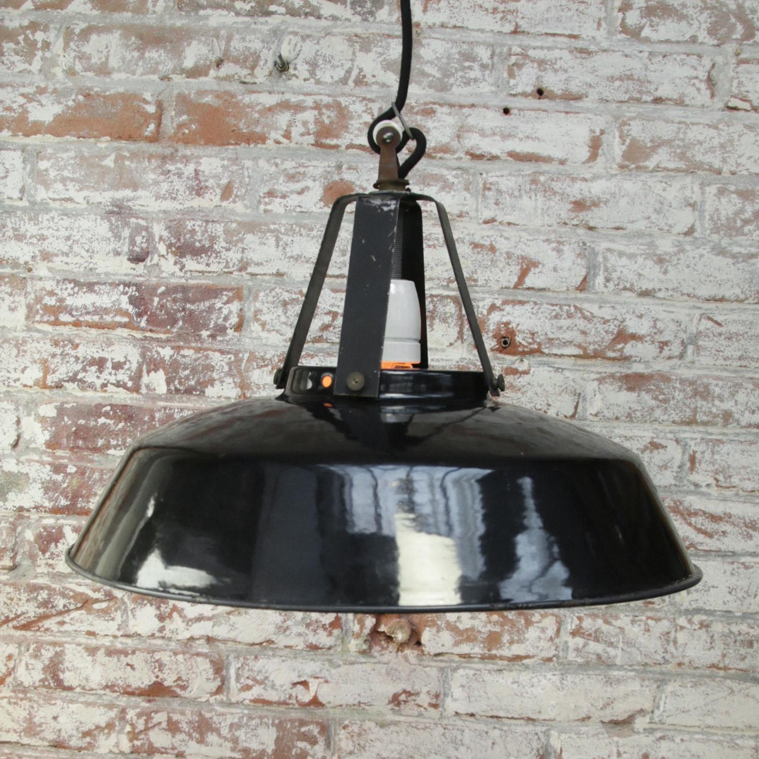 20th Century French Black Enamel Vintage Industrial Pendant Lights
