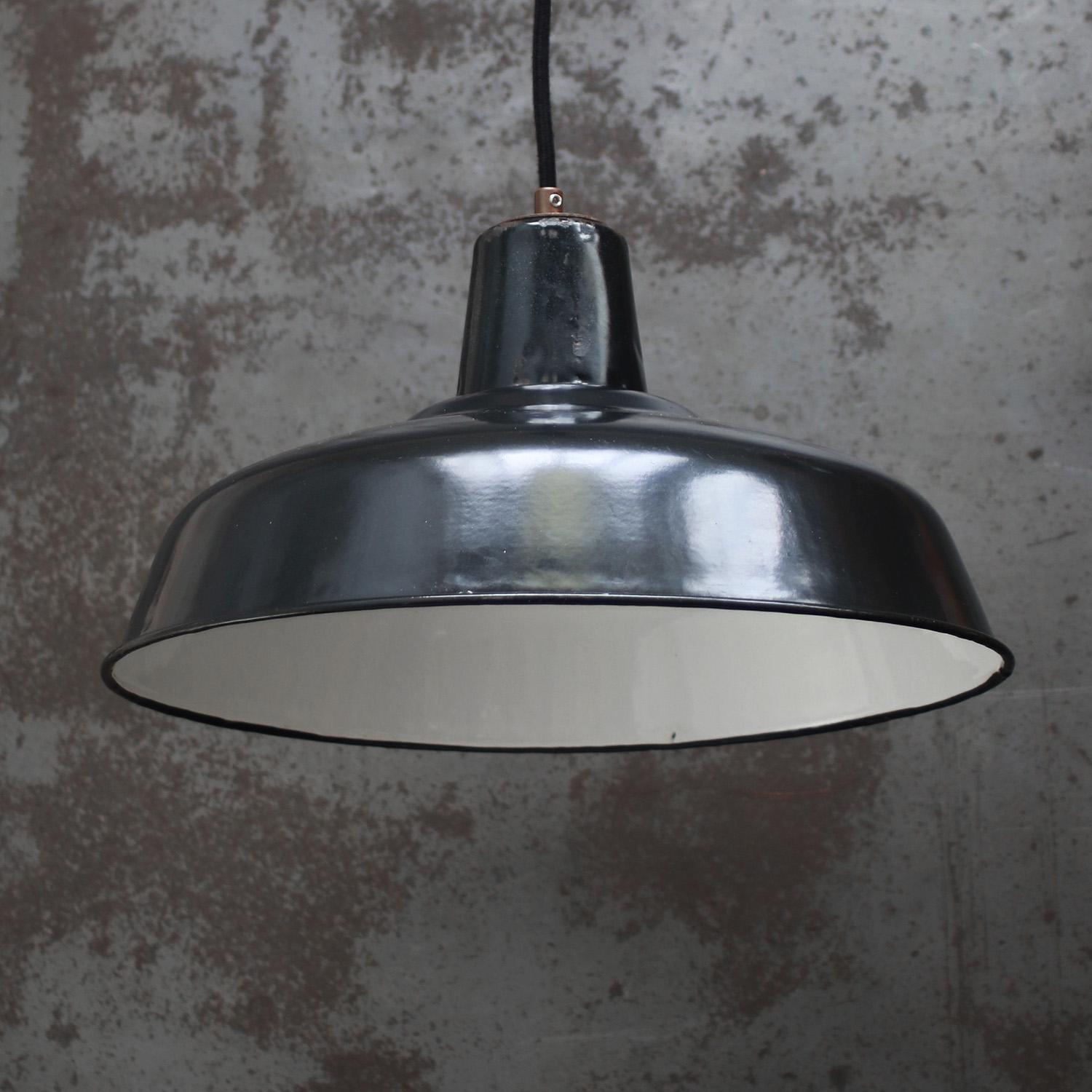 20th Century French Black Enamel Vintage Industrial Pendant Lights For Sale