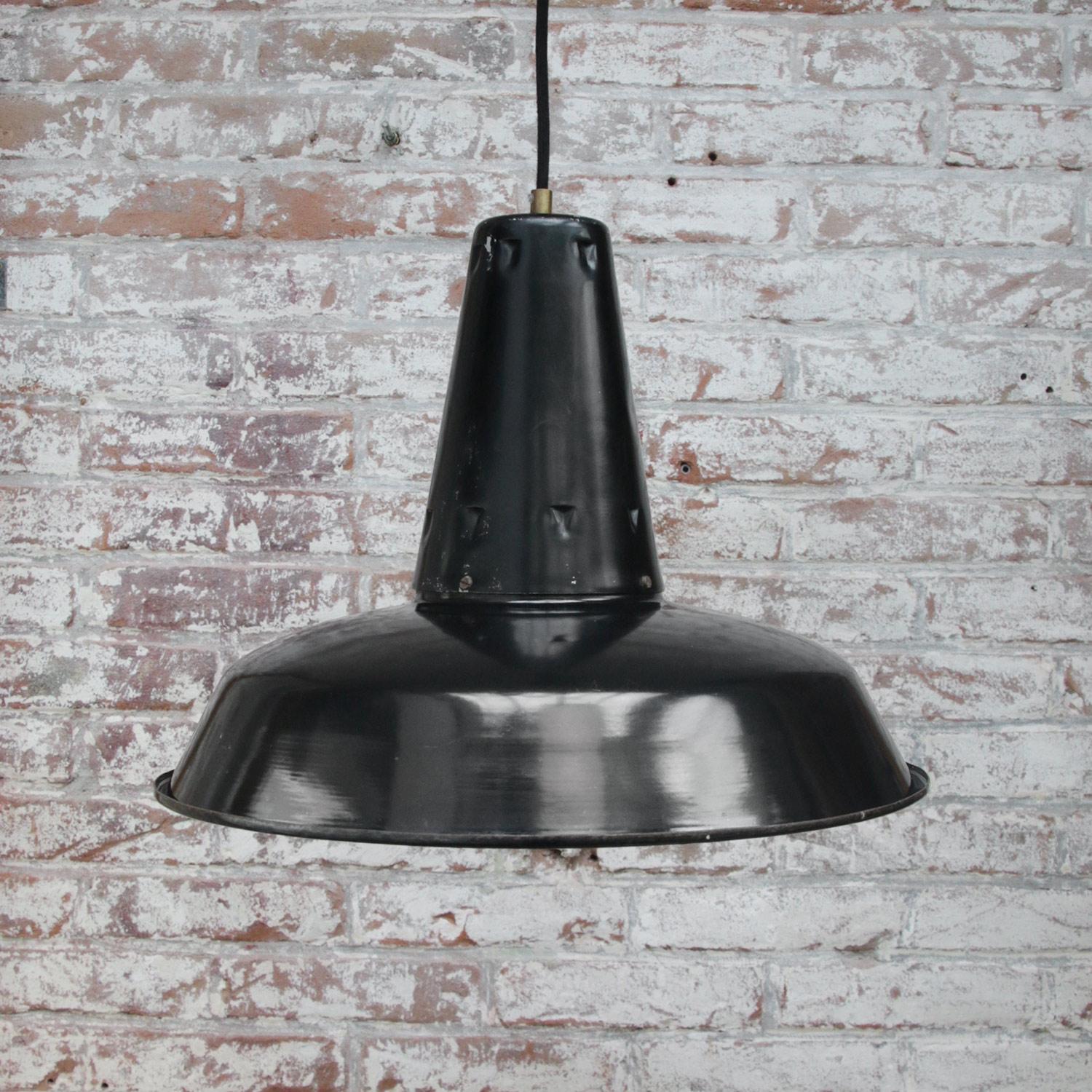 Aluminum French Black Enamel Vintage Industrial Pendant Light For Sale