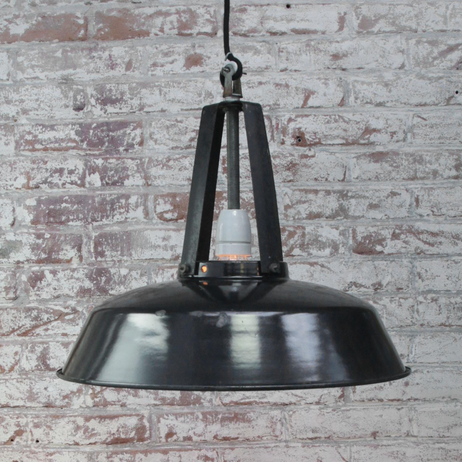 Aluminum French Black Enamel Vintage Industrial Pendant Lights For Sale