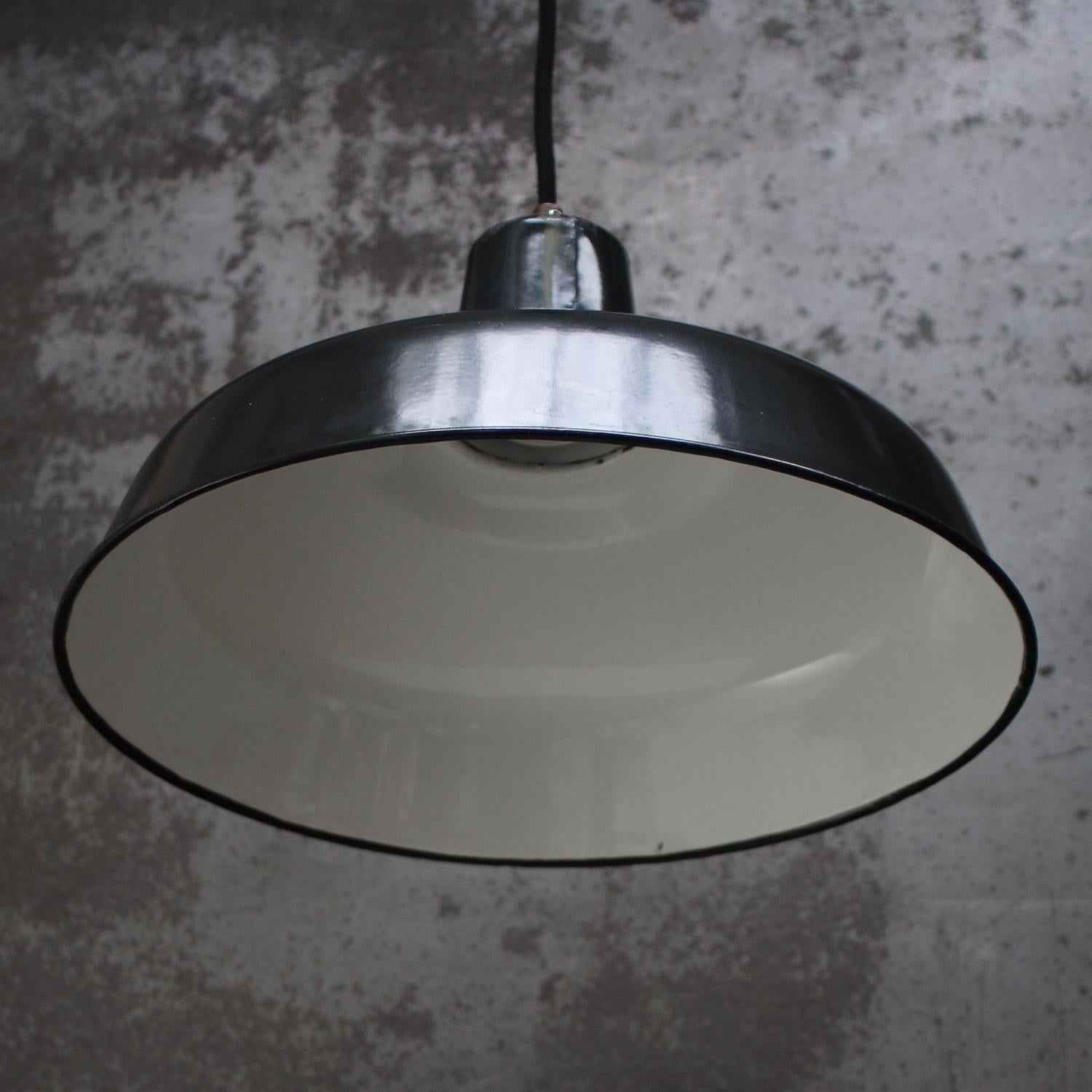 Brass French Black Enamel Vintage Industrial Pendant Lights For Sale