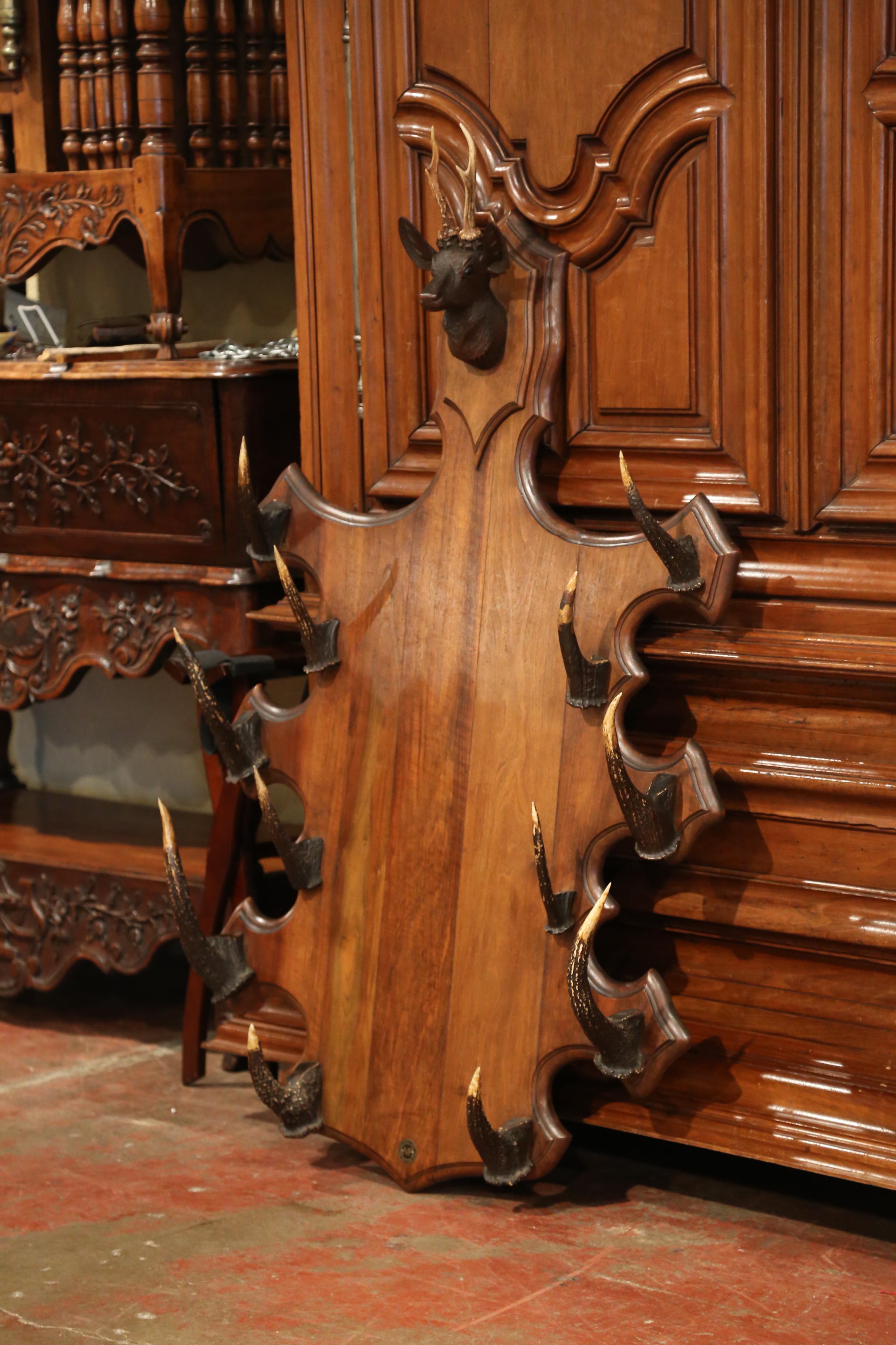 French Black Forest Carved Gun or Coat Rack with Horns and Deer Head Sculpture 4