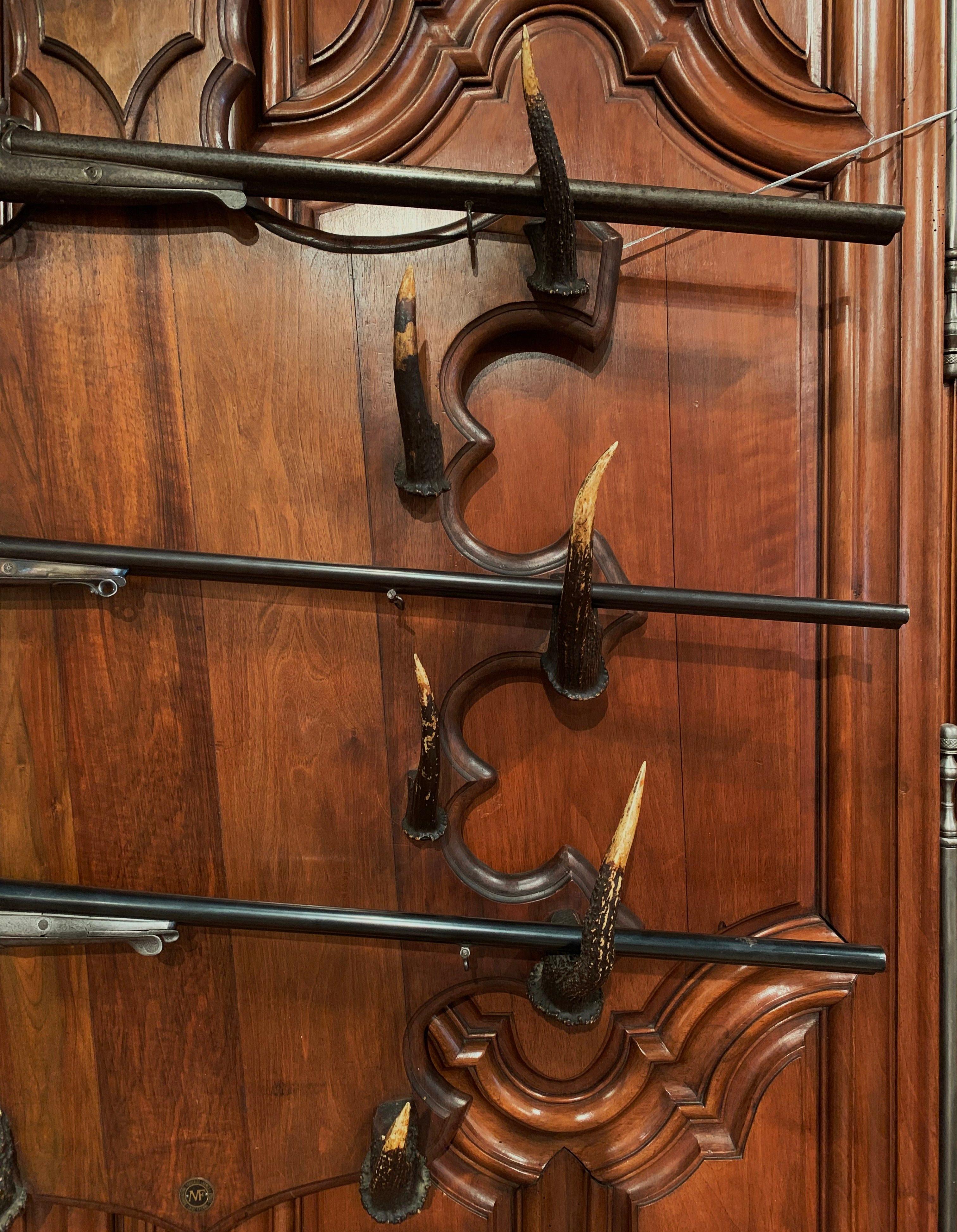 French Black Forest Carved Gun or Coat Rack with Horns and Deer Head Sculpture 1