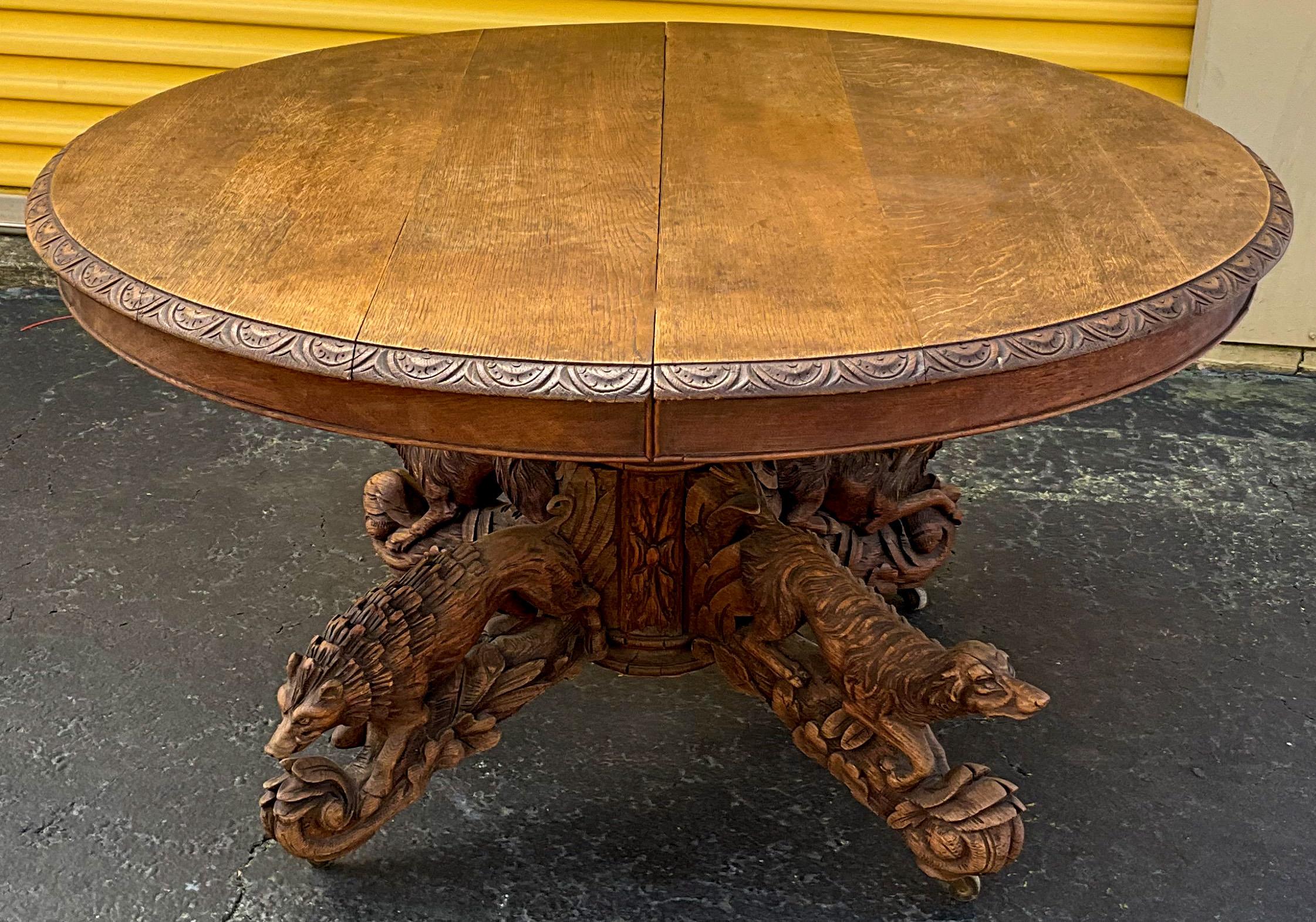 19th Century French Black Forest Style Carved Oak Center / Dining Table, Dog, Deer, Boar