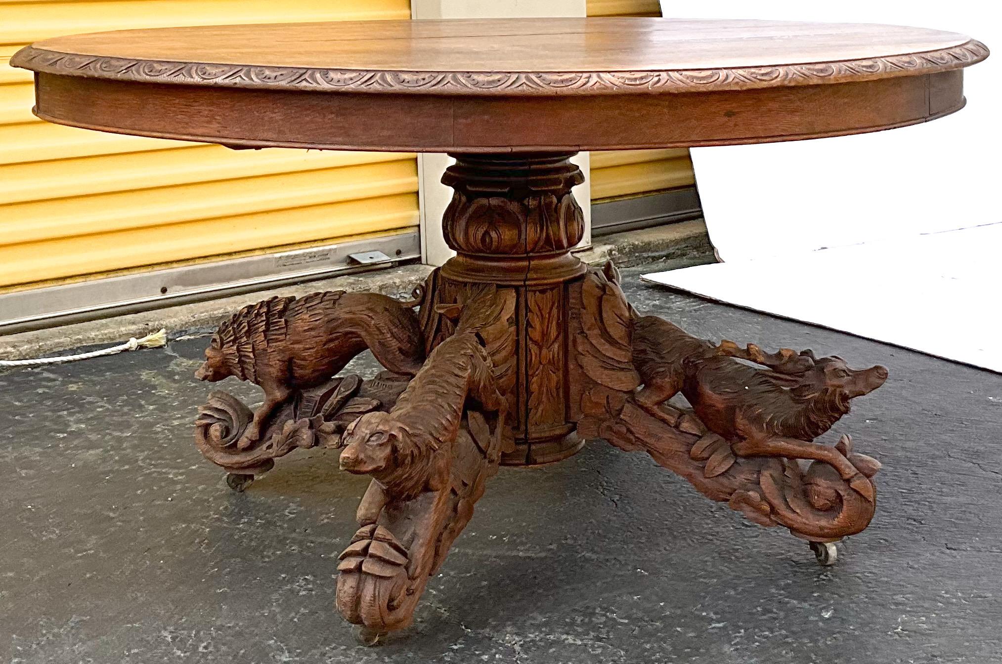 French Black Forest Style Carved Oak Center / Dining Table, Dog, Deer, Boar 1