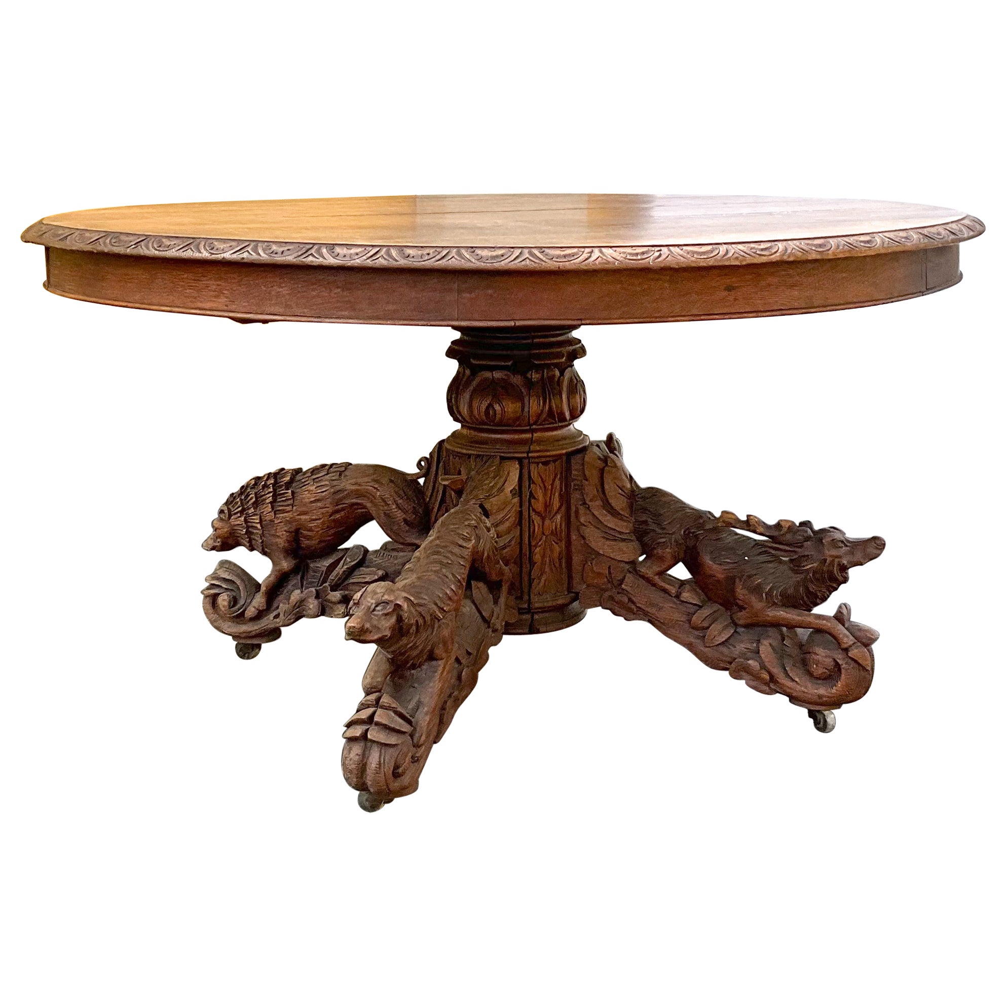 French Black Forest Style Carved Oak Center / Dining Table, Dog, Deer, Boar