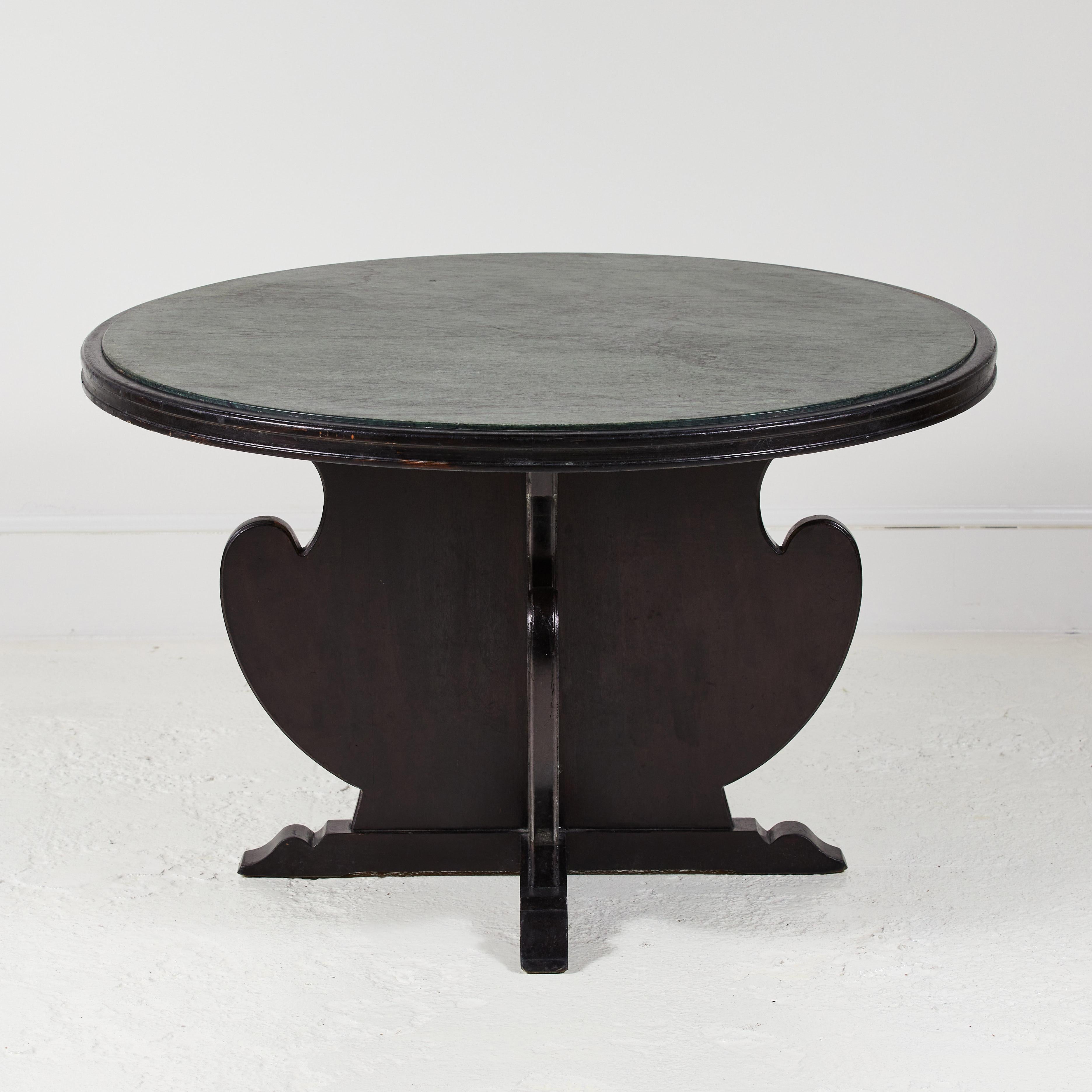 Mid-20th Century French Black Game Table with Scrolled Base and Green Marble Inlay
