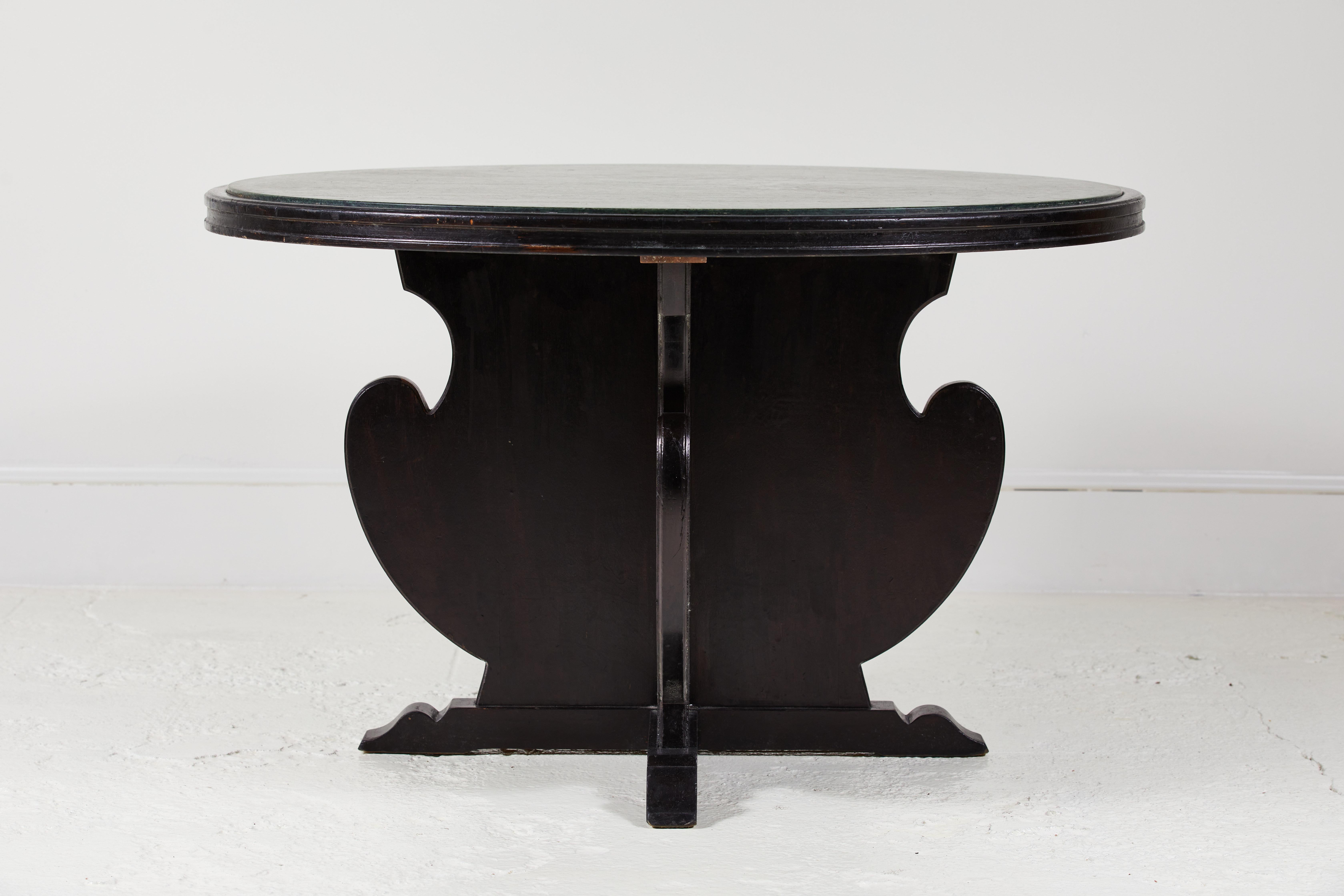 French Black Game Table with Scrolled Base and Green Marble Inlay 1