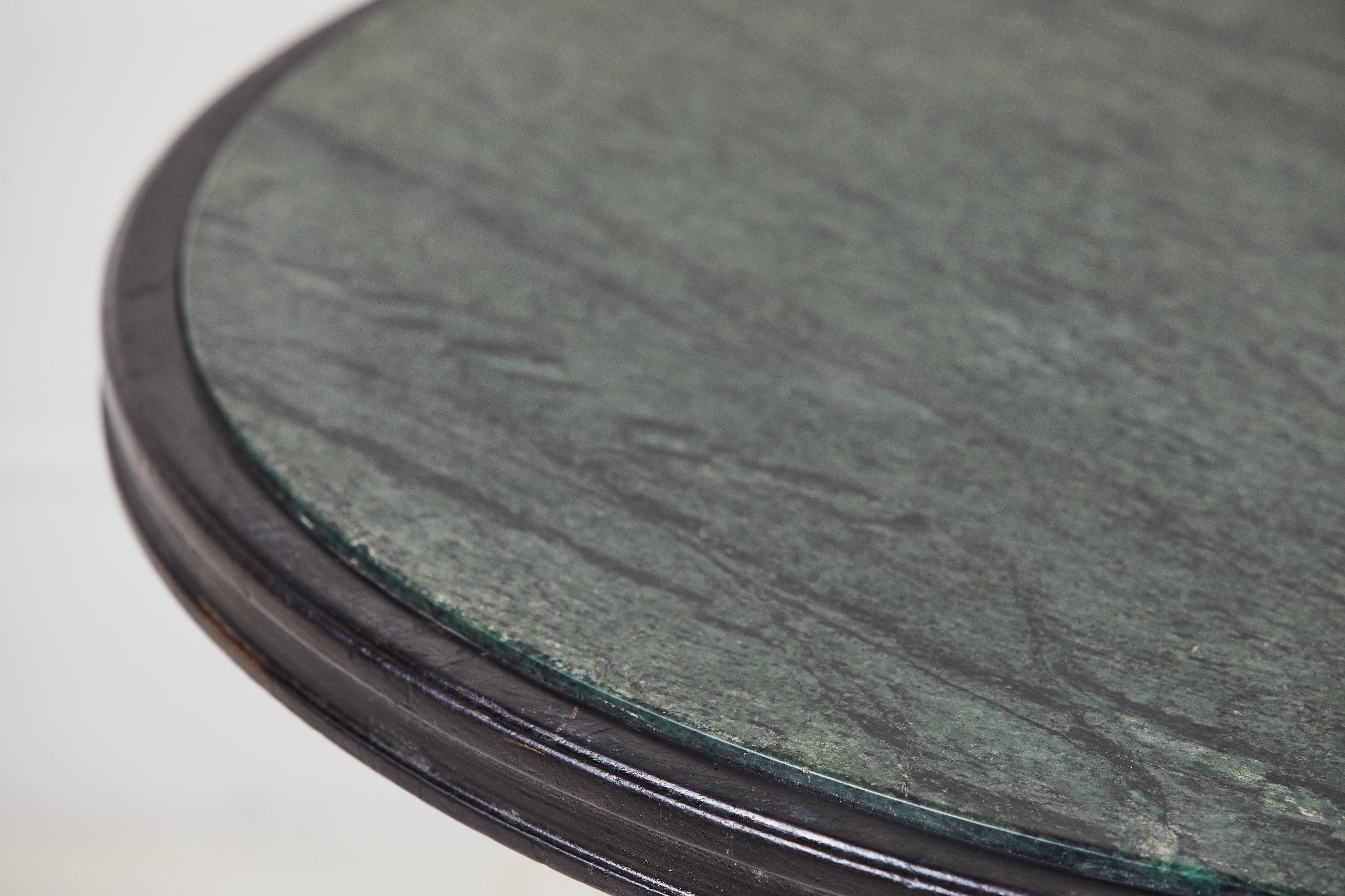 French Black Game Table with Scrolled Base and Green Marble Inlay 2