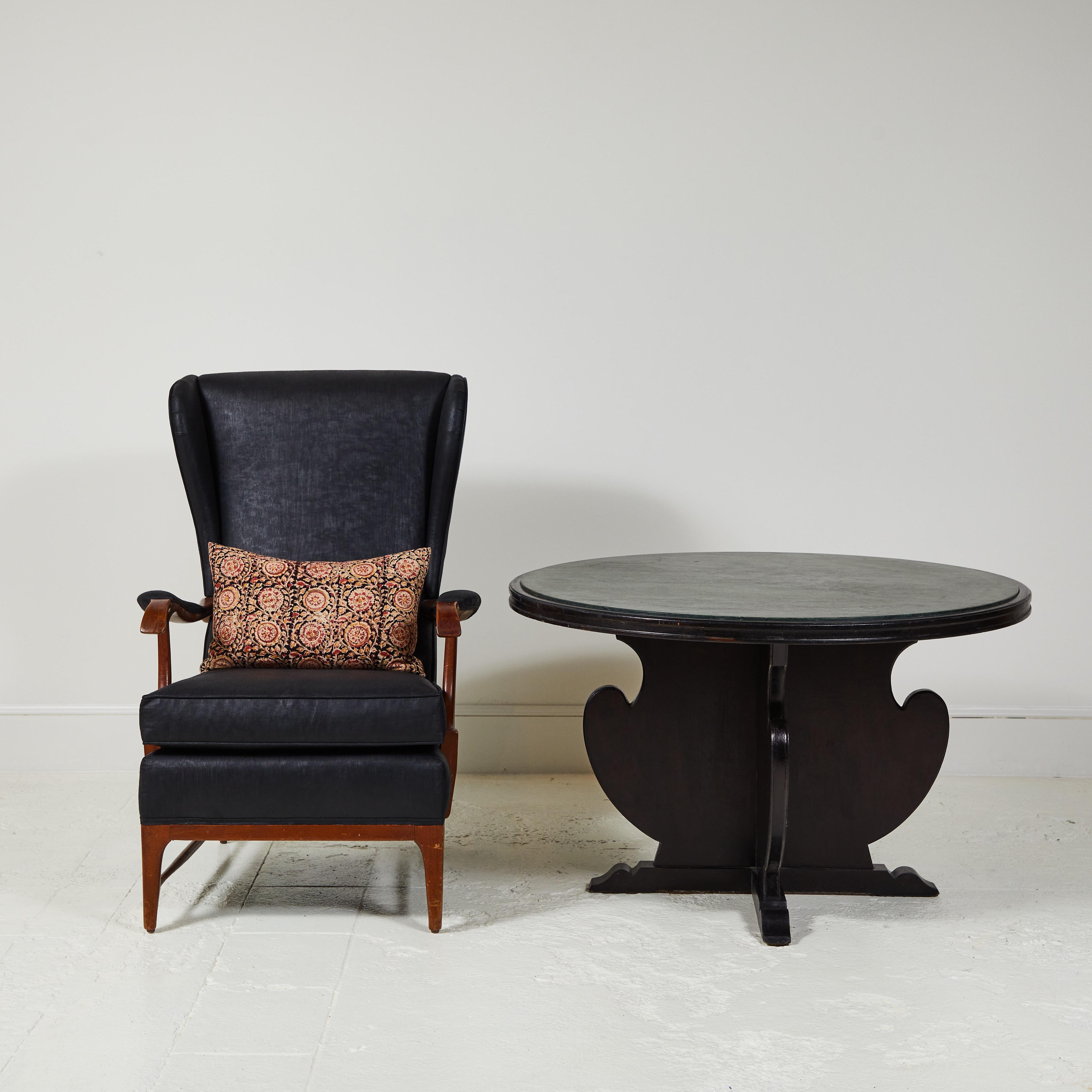 French Black Game Table with Scrolled Base and Green Marble Inlay 4