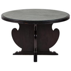 French Black Game Table with Scrolled Base and Green Marble Inlay