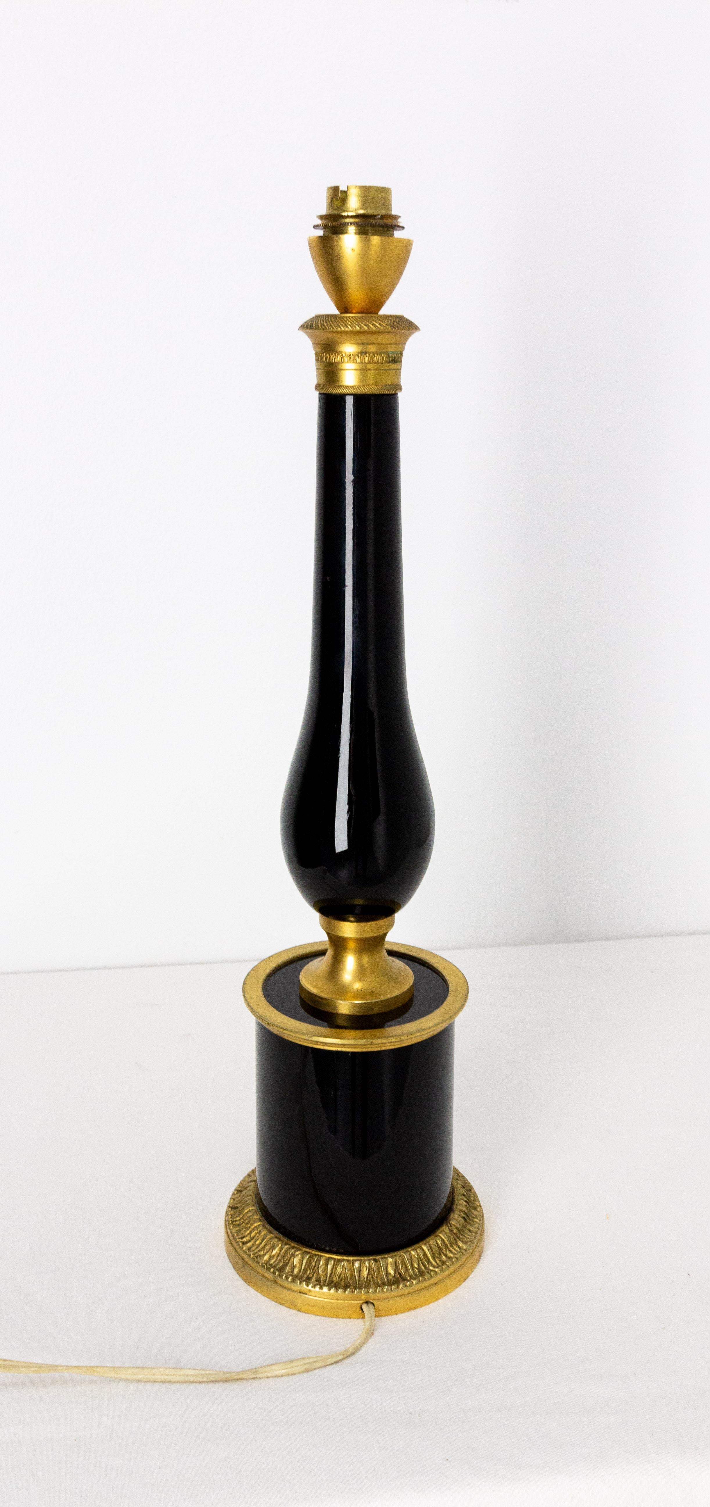 Mid-20th Century French Black Glass and Brass Table Lamp, Mid-Century For Sale