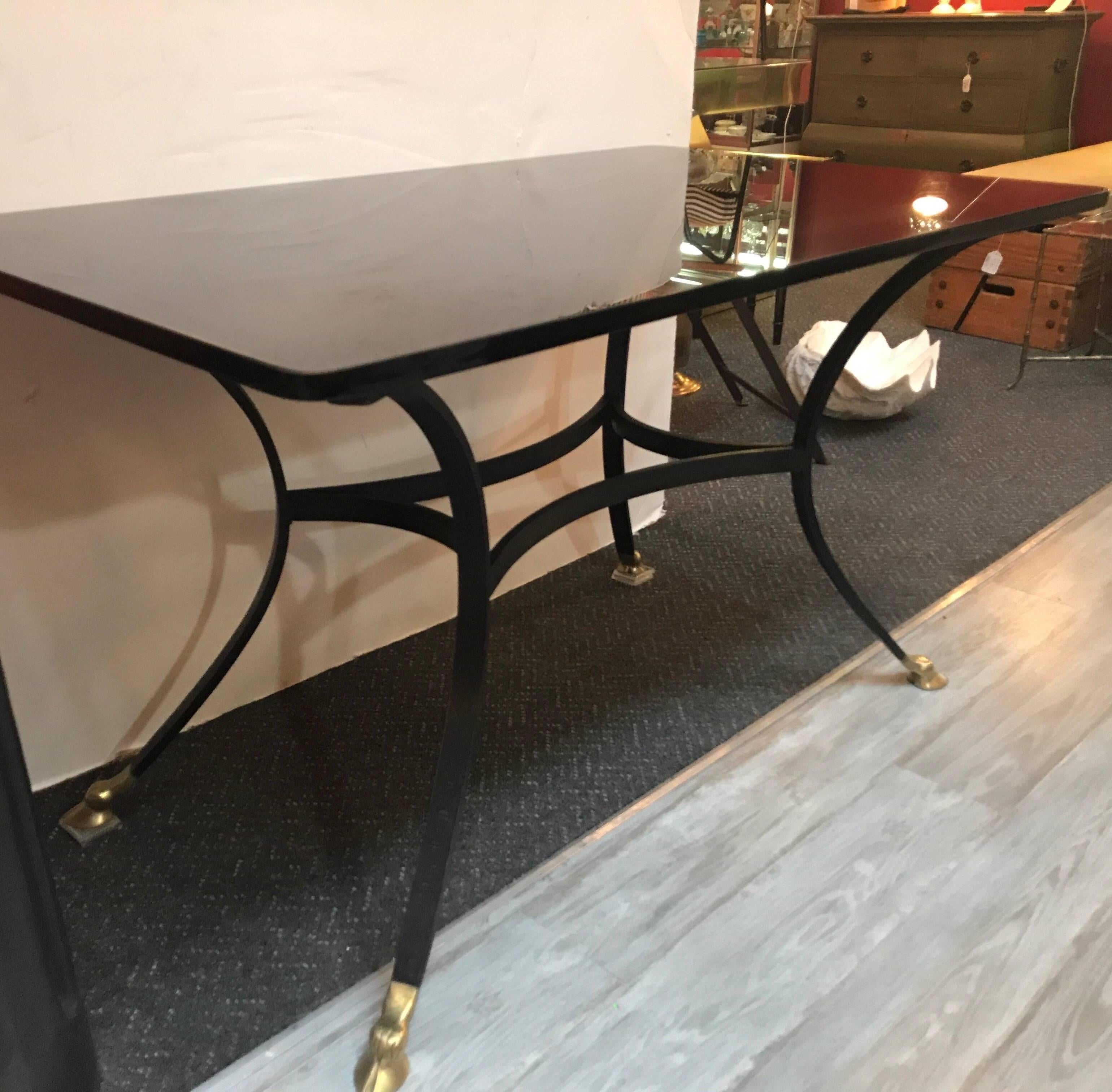 Modern French Black Glass Brass and Iron Writing Table