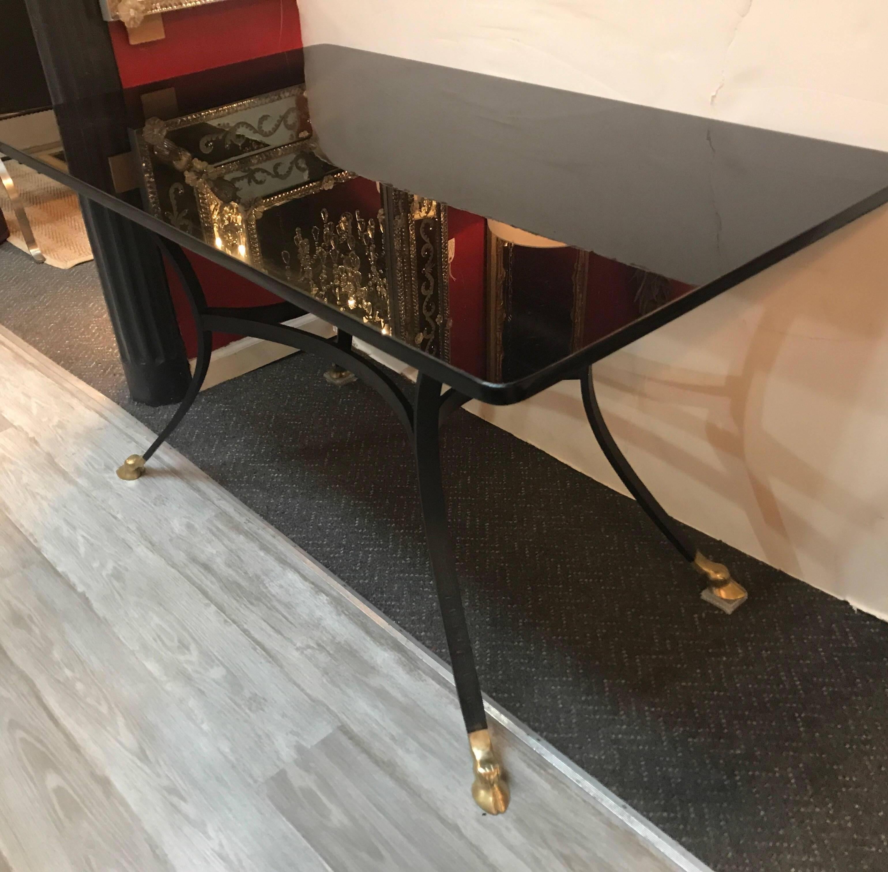 French Black Glass Brass and Iron Writing Table In Excellent Condition In Lambertville, NJ