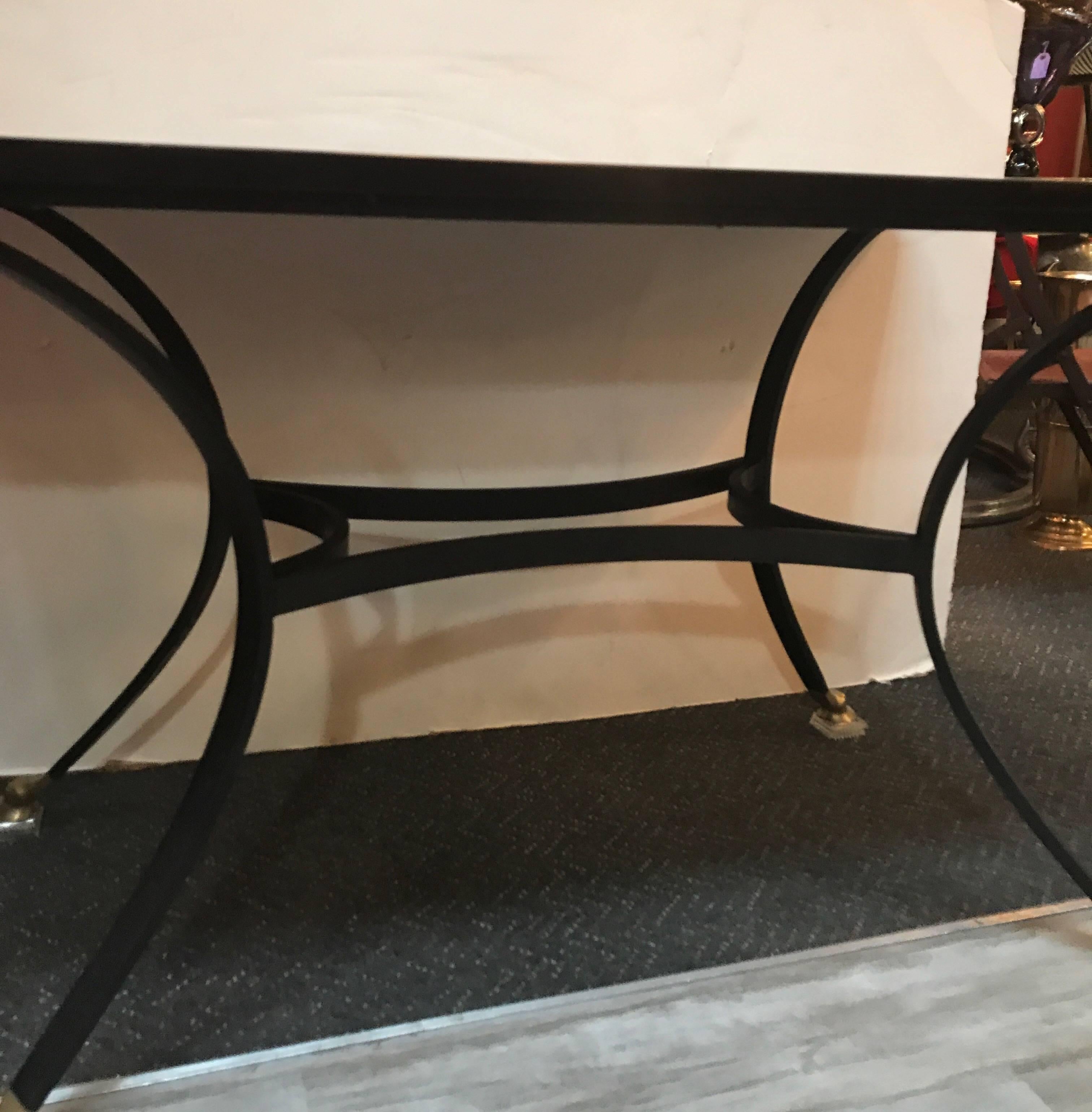 French Black Glass Brass and Iron Writing Table 1