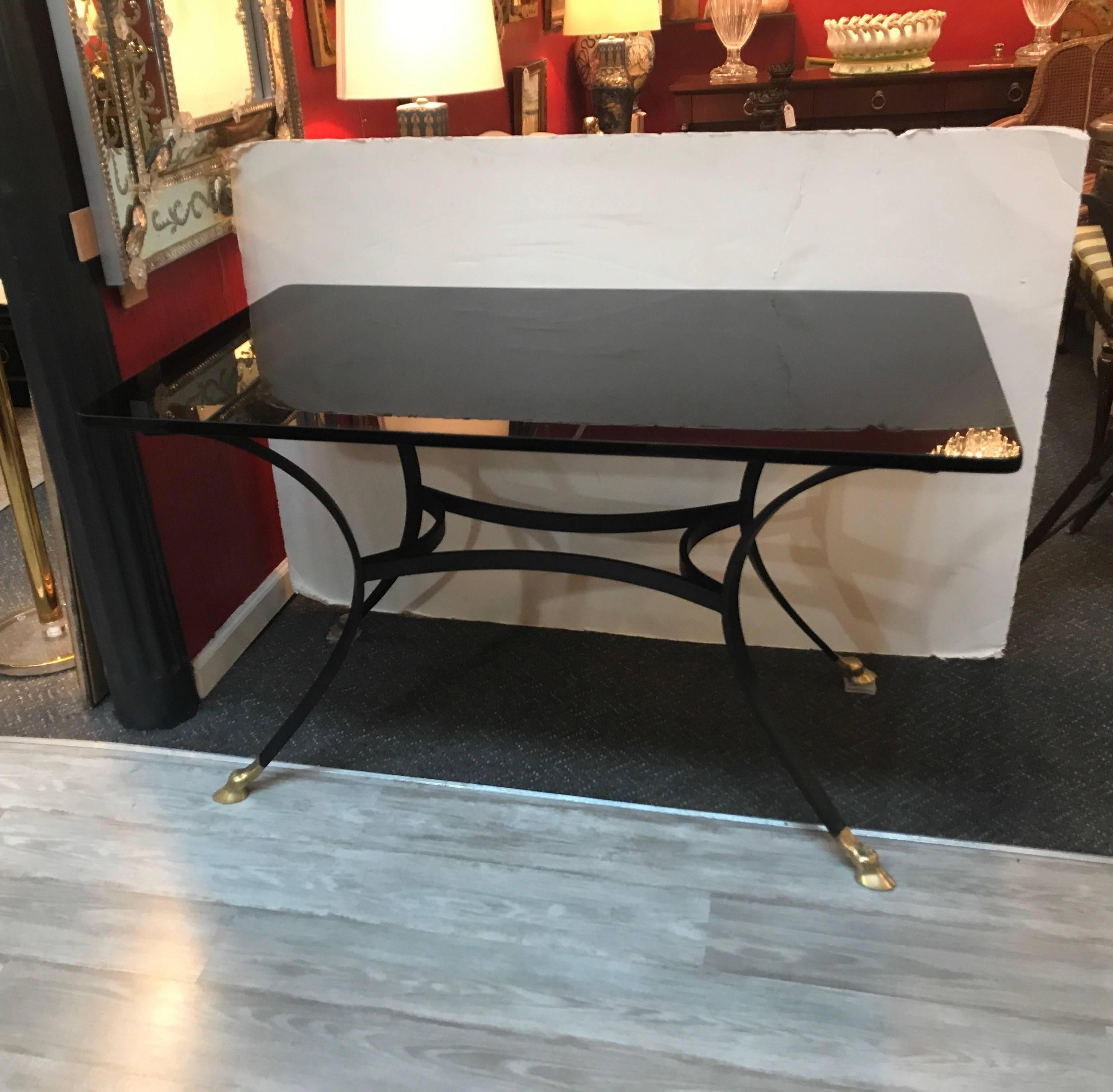 French Black Glass Brass and Iron Writing Table 4