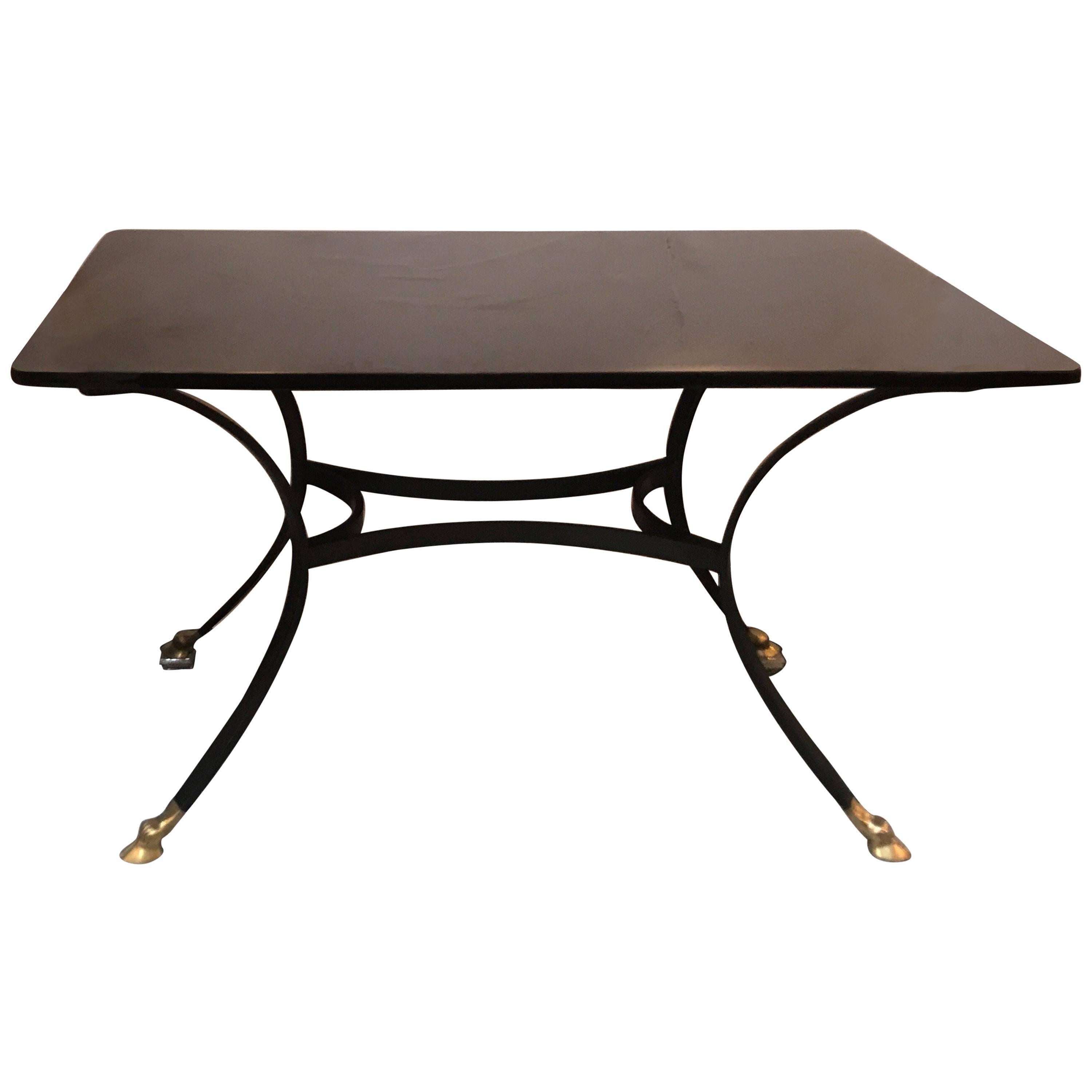French Black Glass Brass and Iron Writing Table