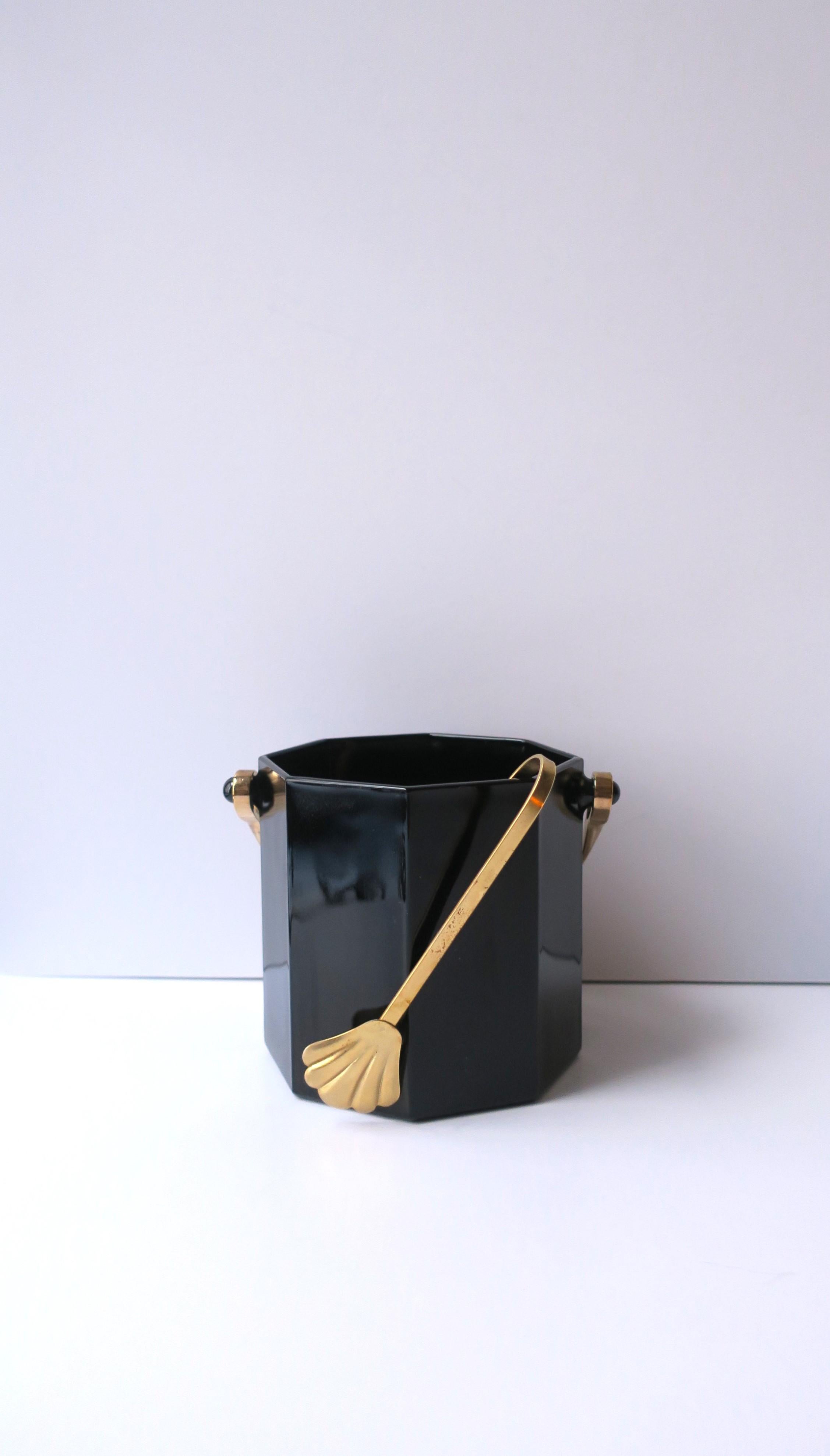 Modern French Black Glass Ice Bucket with Tongs, circa 1970s France For Sale