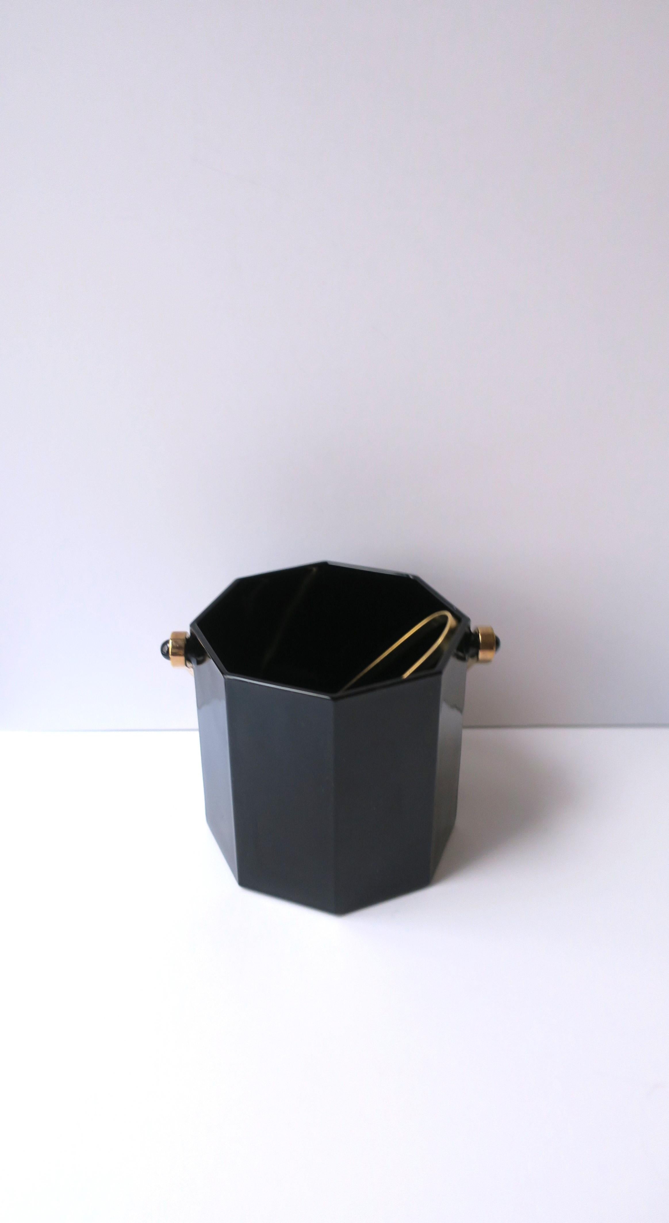 Plated French Black Glass Ice Bucket with Tongs, circa 1970s France For Sale