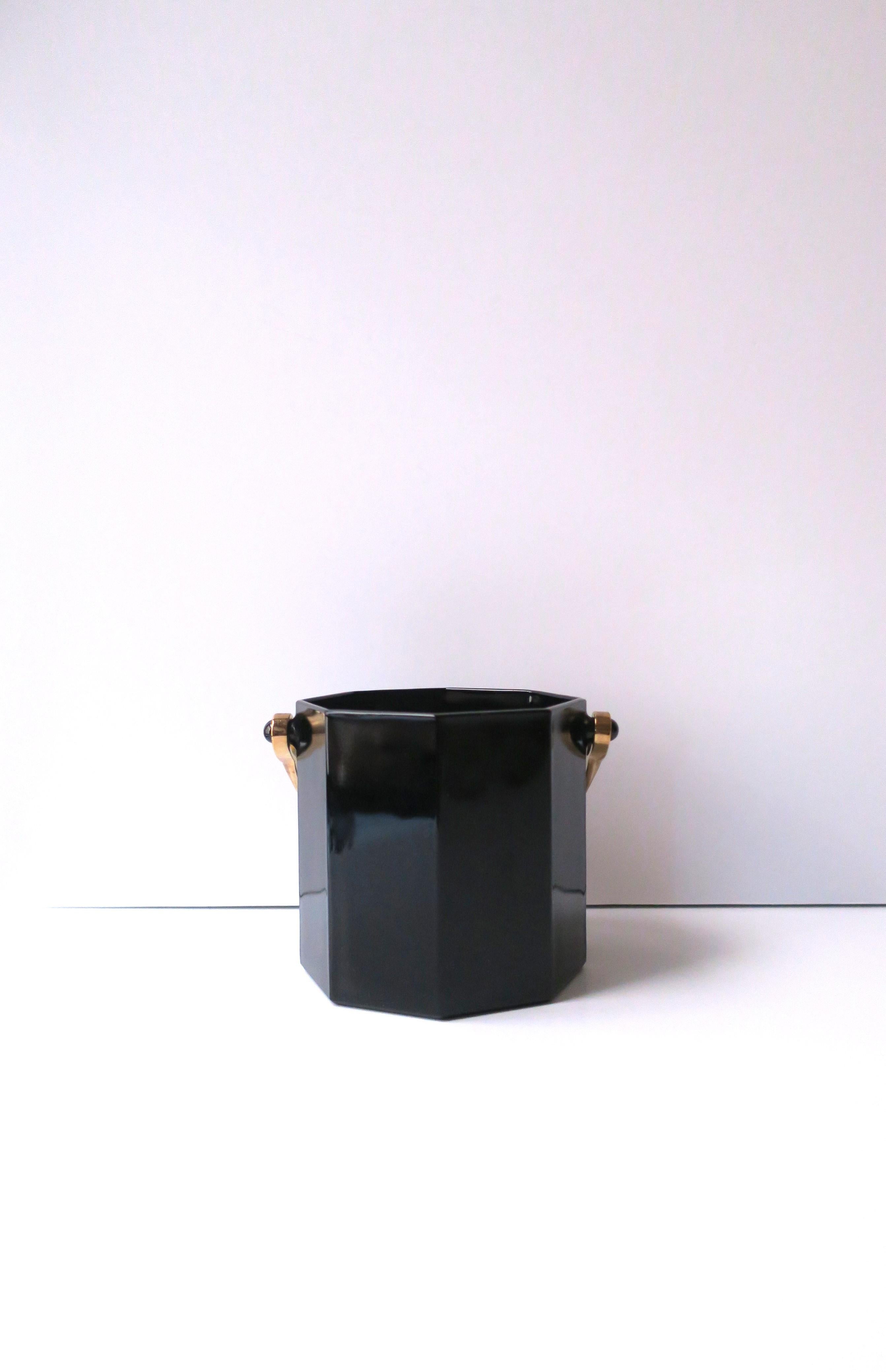 Late 20th Century French Black Glass Ice Bucket with Tongs, circa 1970s France For Sale