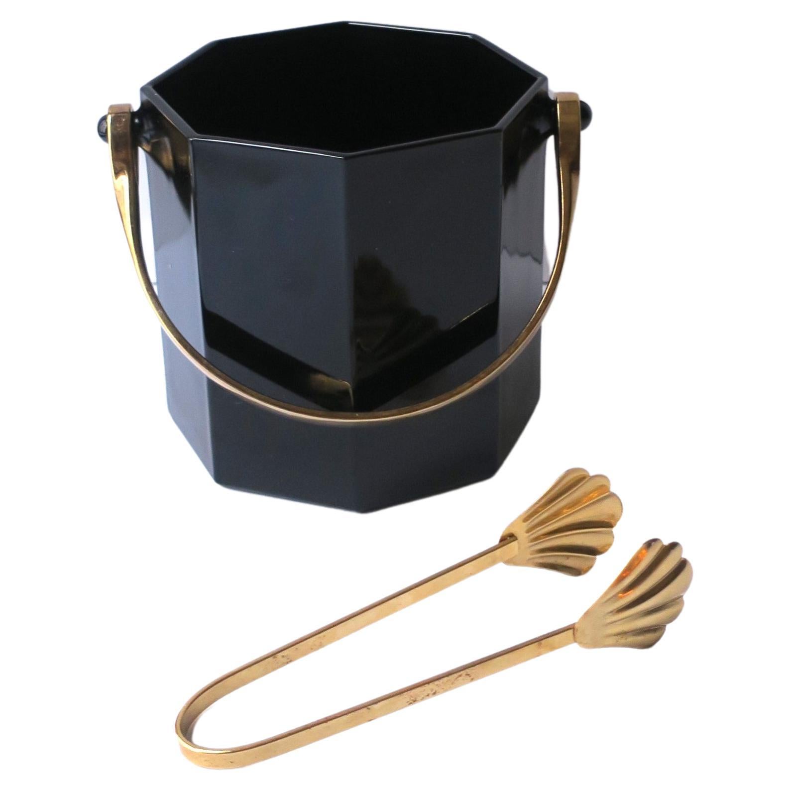 French Black Glass Ice Bucket with Tongs, circa 1970s France For Sale