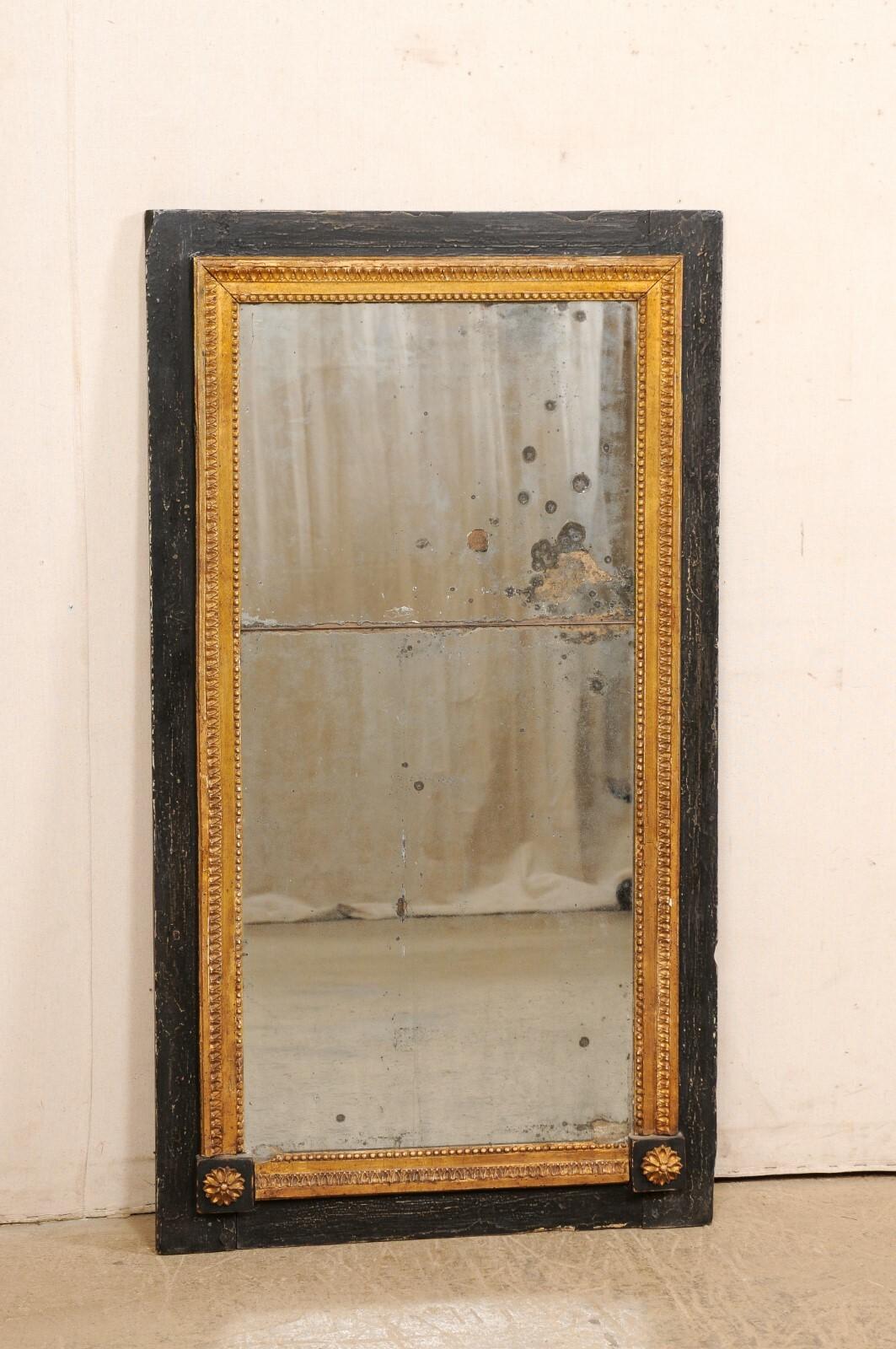 French Black & Gold Surround Mirror w/Orig. Glass & Lambs Tongue Trim, 4 Ft Tall 7
