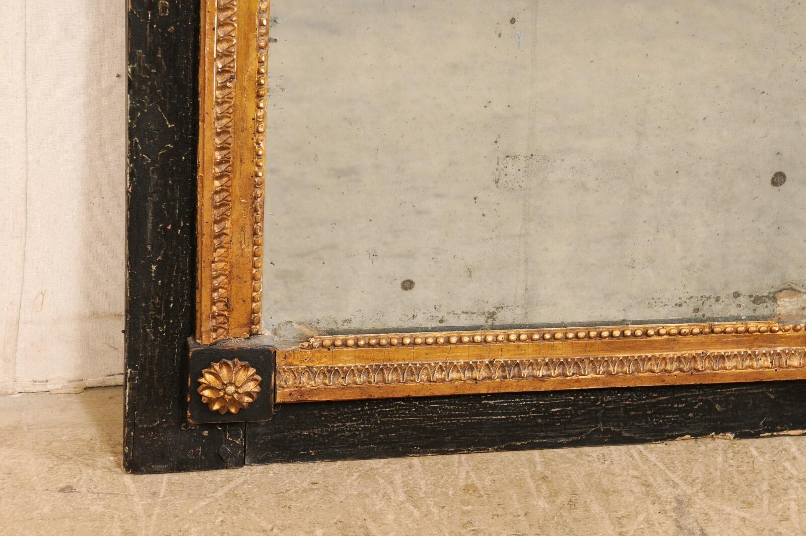 French Black & Gold Surround Mirror w/Orig. Glass & Lambs Tongue Trim, 4 Ft Tall 2