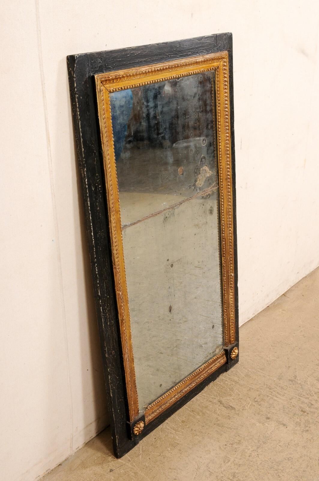 French Black & Gold Surround Mirror w/Orig. Glass & Lambs Tongue Trim, 4 Ft Tall 4