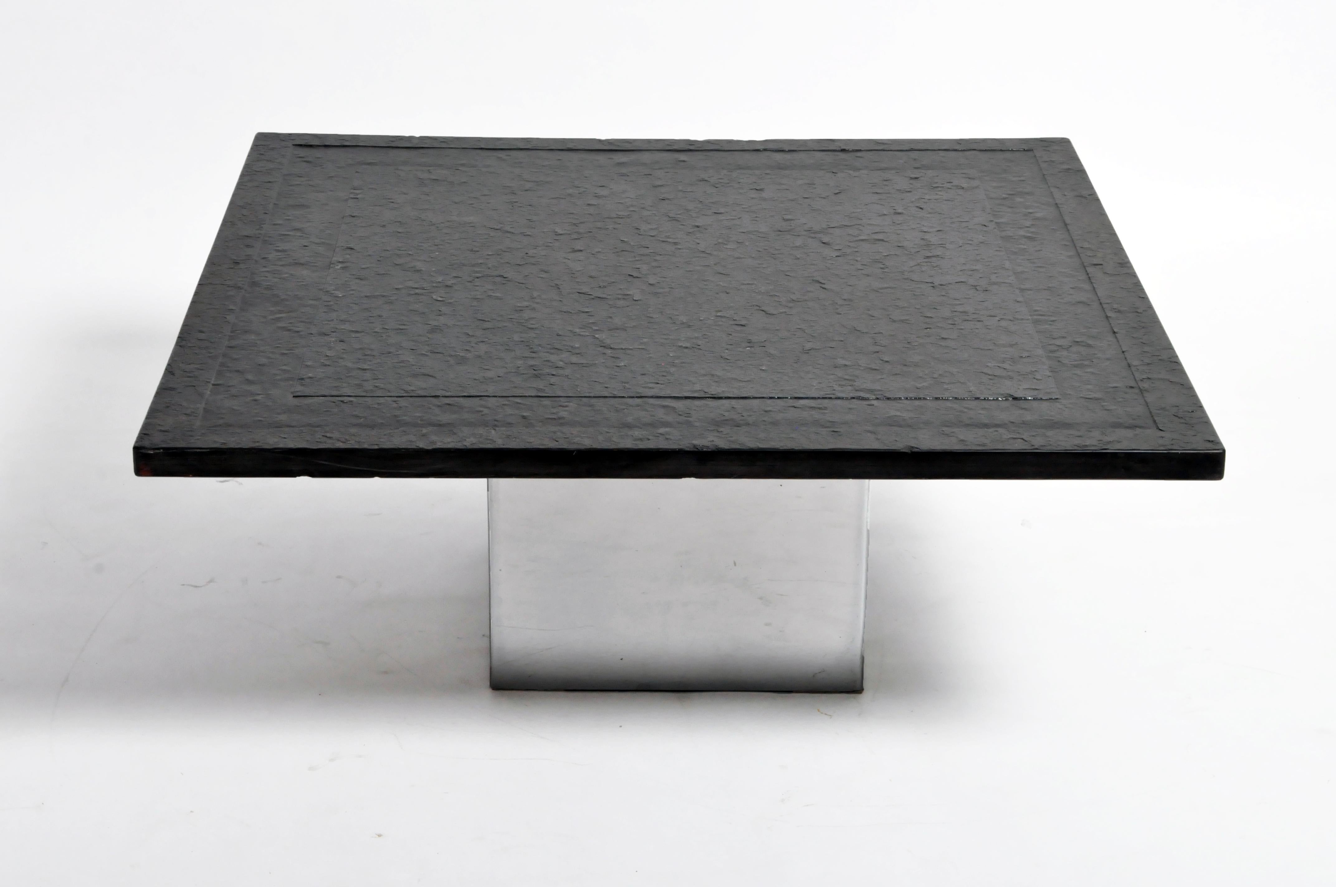 Late 20th Century French Black Granite Coffee Table with Metal Base