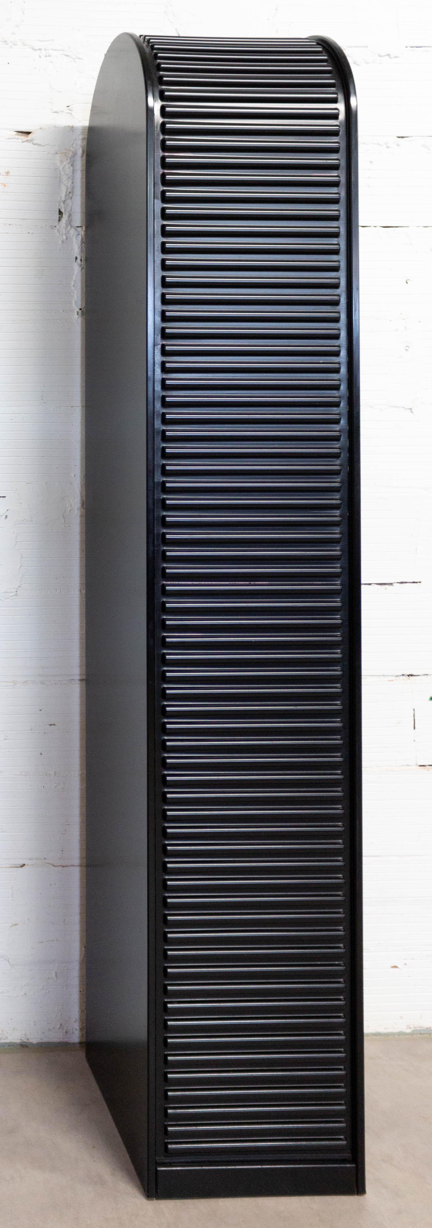 Mid-Century Modern French Black Graphic Cabinet, Roller Door and Drawers, circa 1980