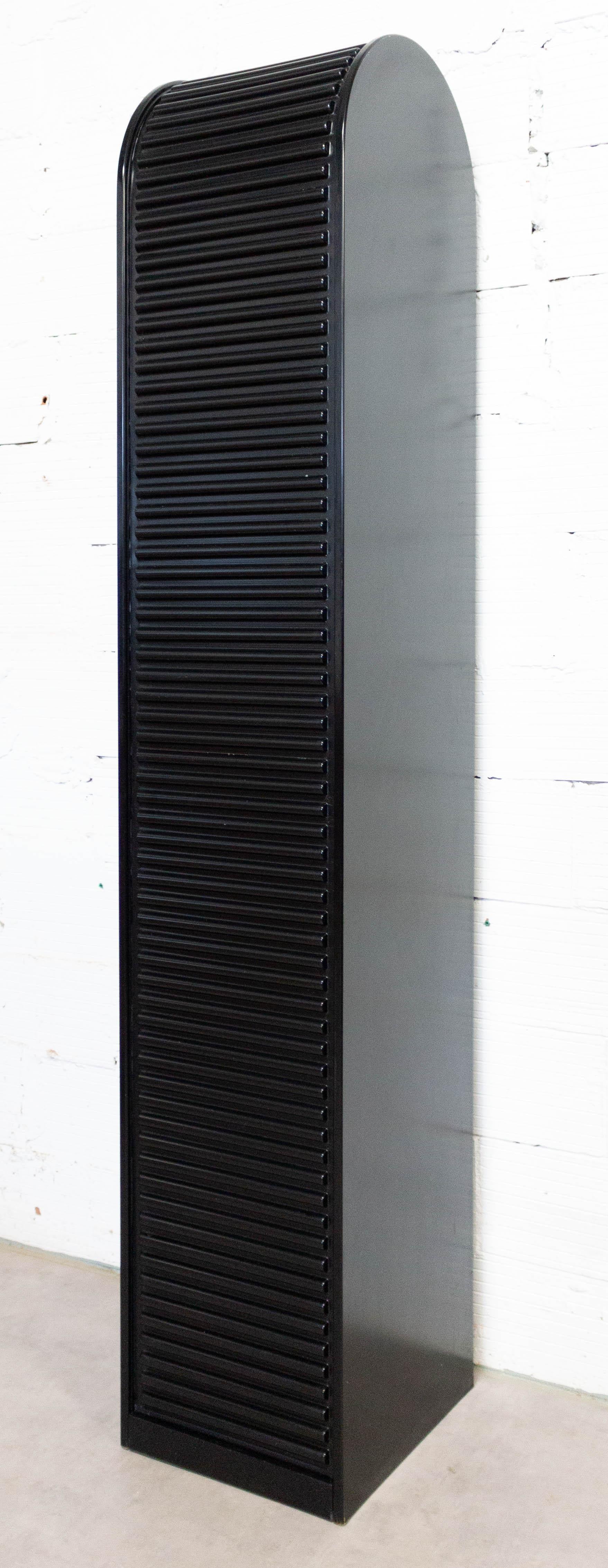 French Black Graphic Cabinet, Roller Door and Drawers, circa 1980 In Good Condition In Labrit, Landes