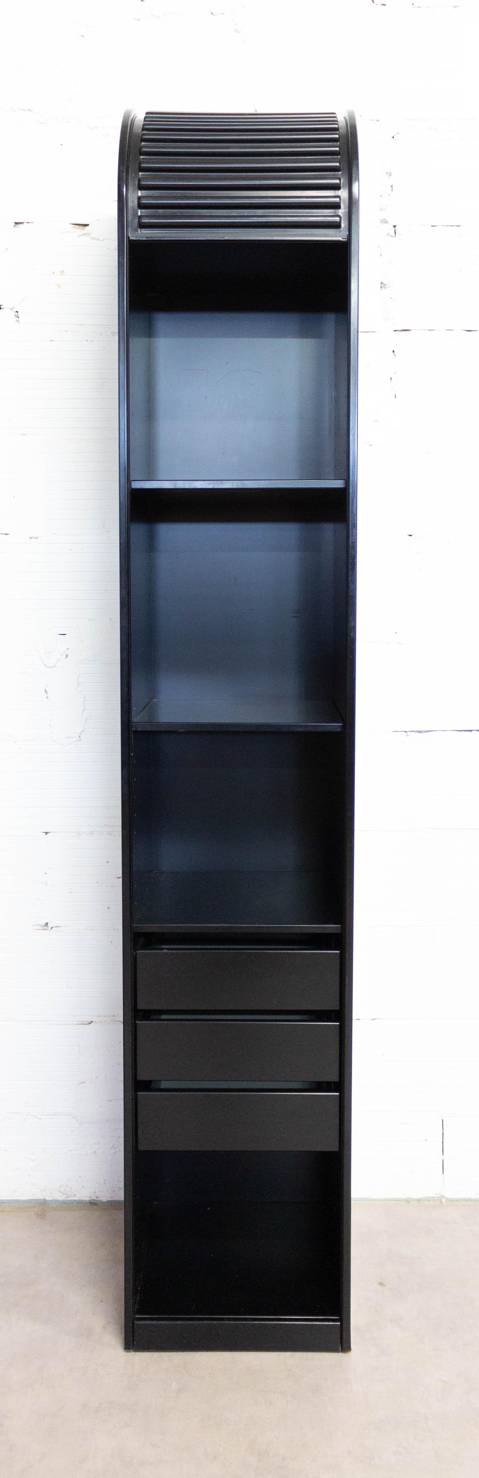 Plastic French Black Graphic Cabinet, Roller Door and Drawers, circa 1980
