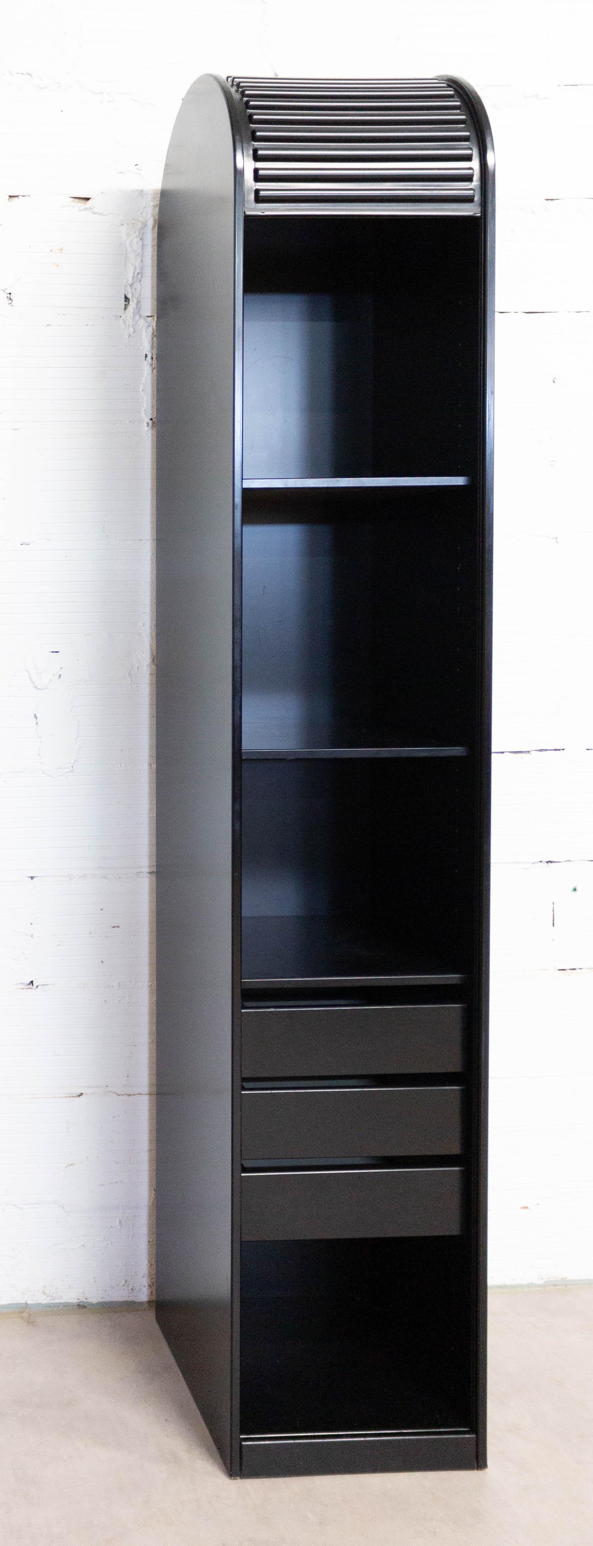 French Black Graphic Cabinet, Roller Door and Drawers, circa 1980 1
