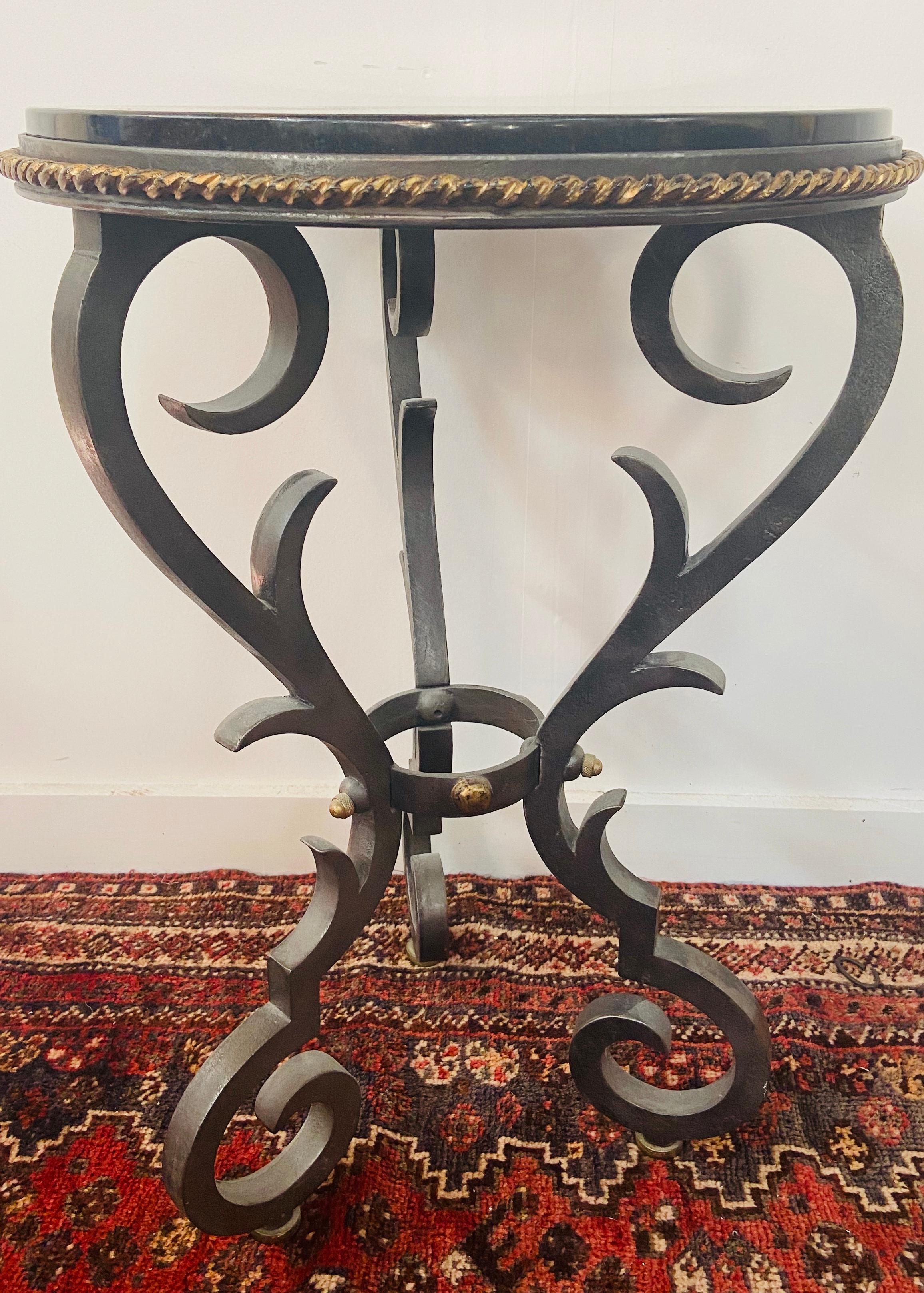 French Provincial French Black Gueridon Table with Cast Iron Scroll Legs For Sale