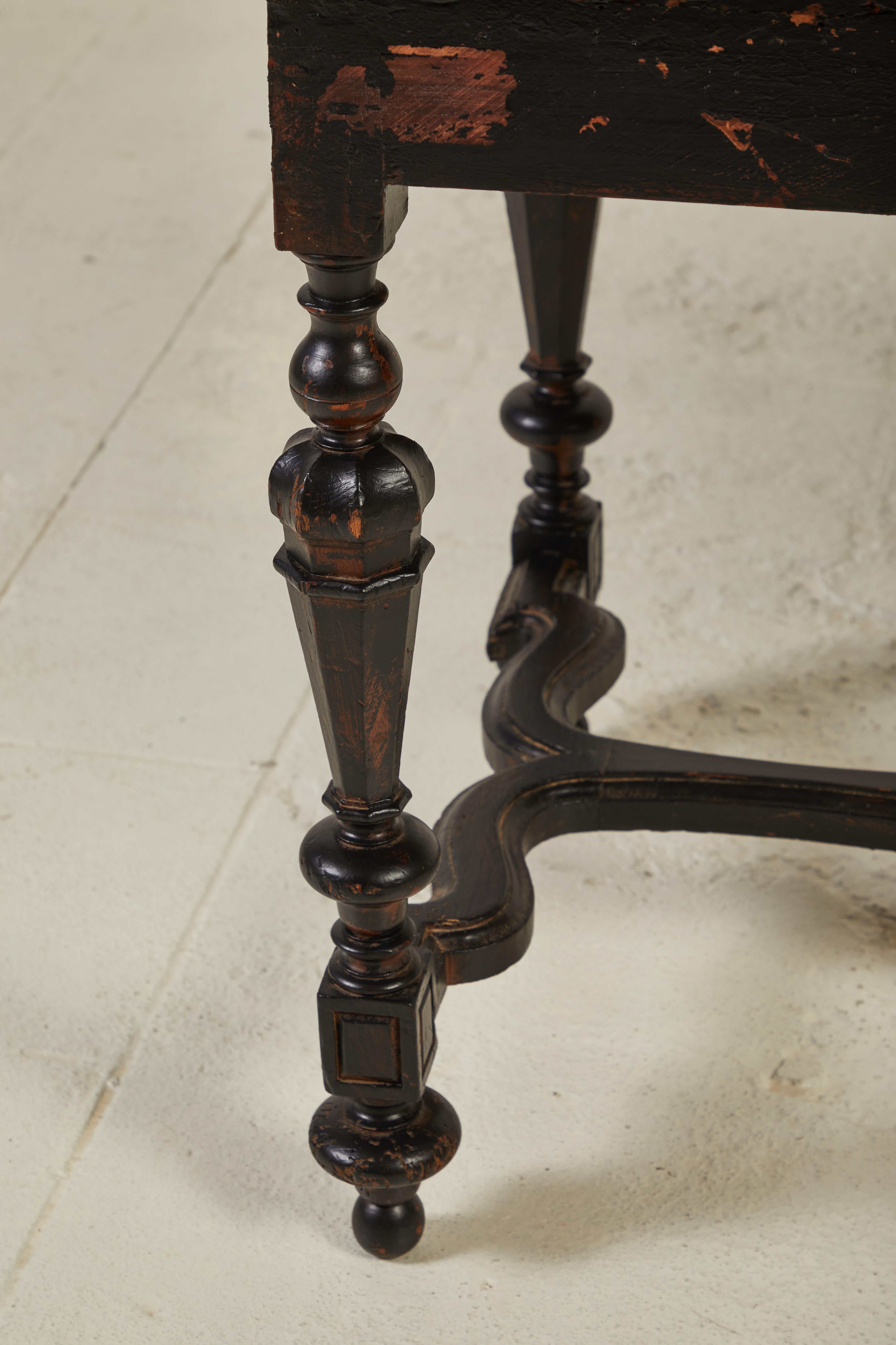 20th Century French Black Hall Table with Turned Legs with a Marble Top