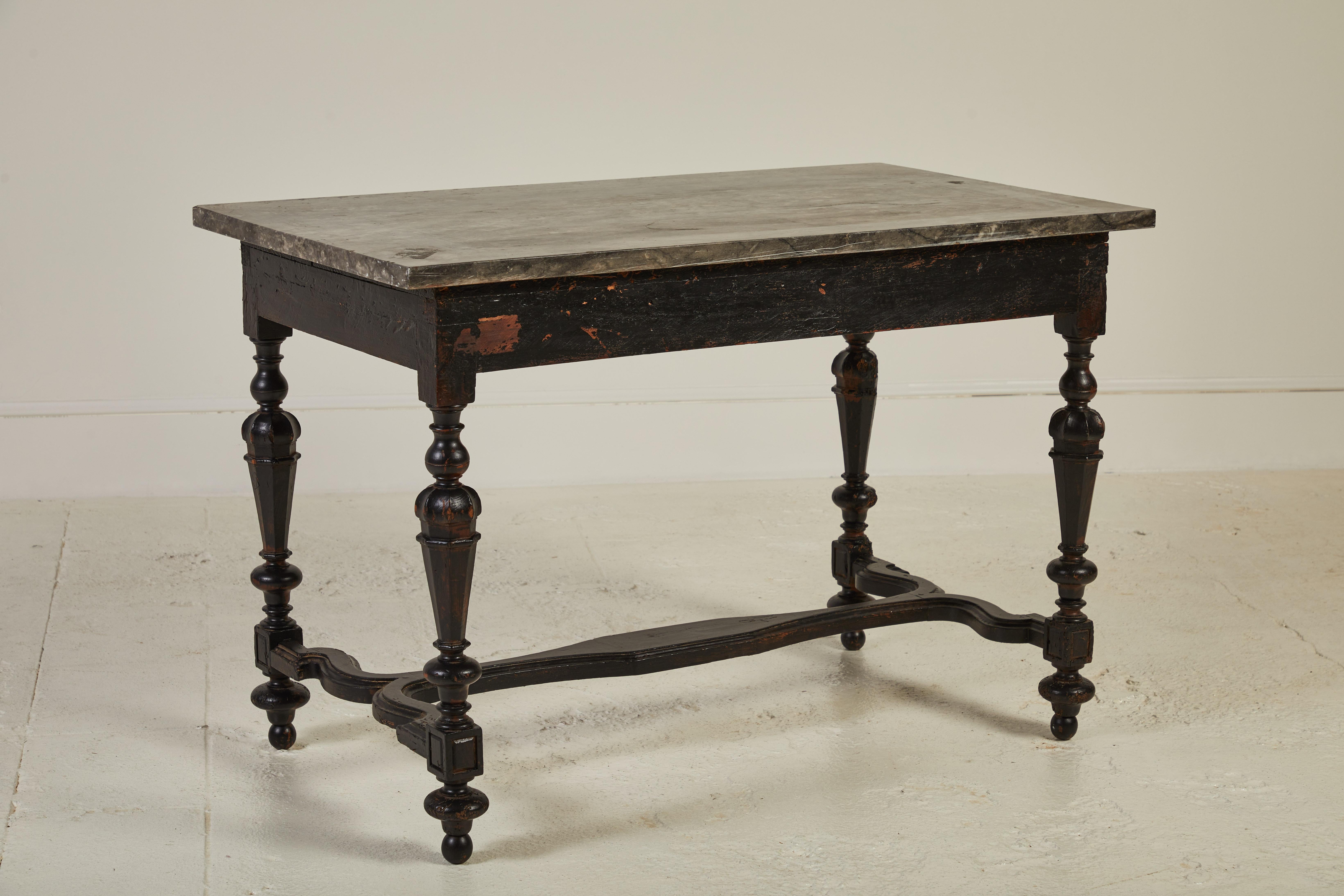 French Black Hall Table with Turned Legs with a Marble Top 1